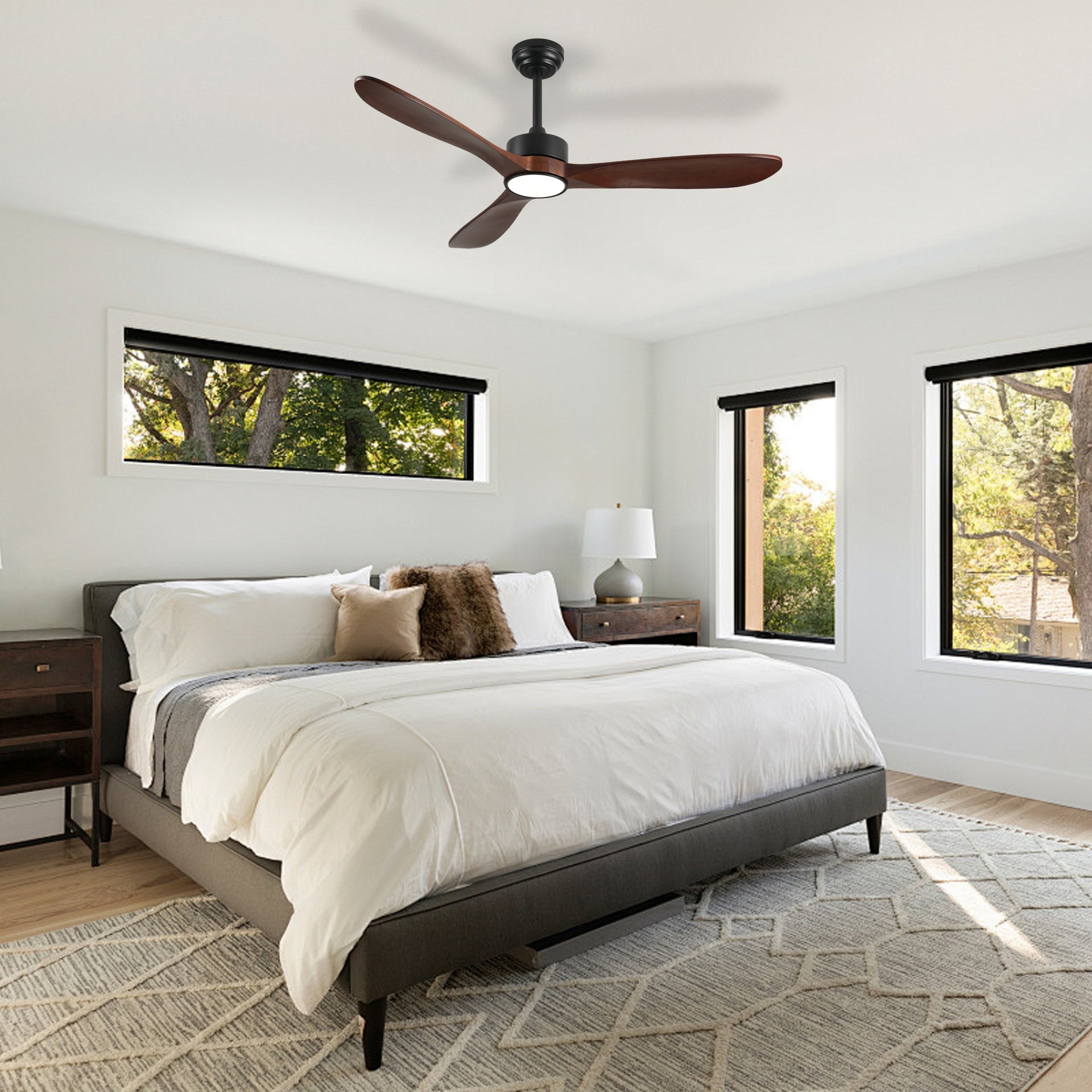 52 Inch Ceiling Fan with Light, 3 Solid Wood Blades,Remote Control,6-speed Reversible DC Motor for Living Room,Bed Room,Dining Room.