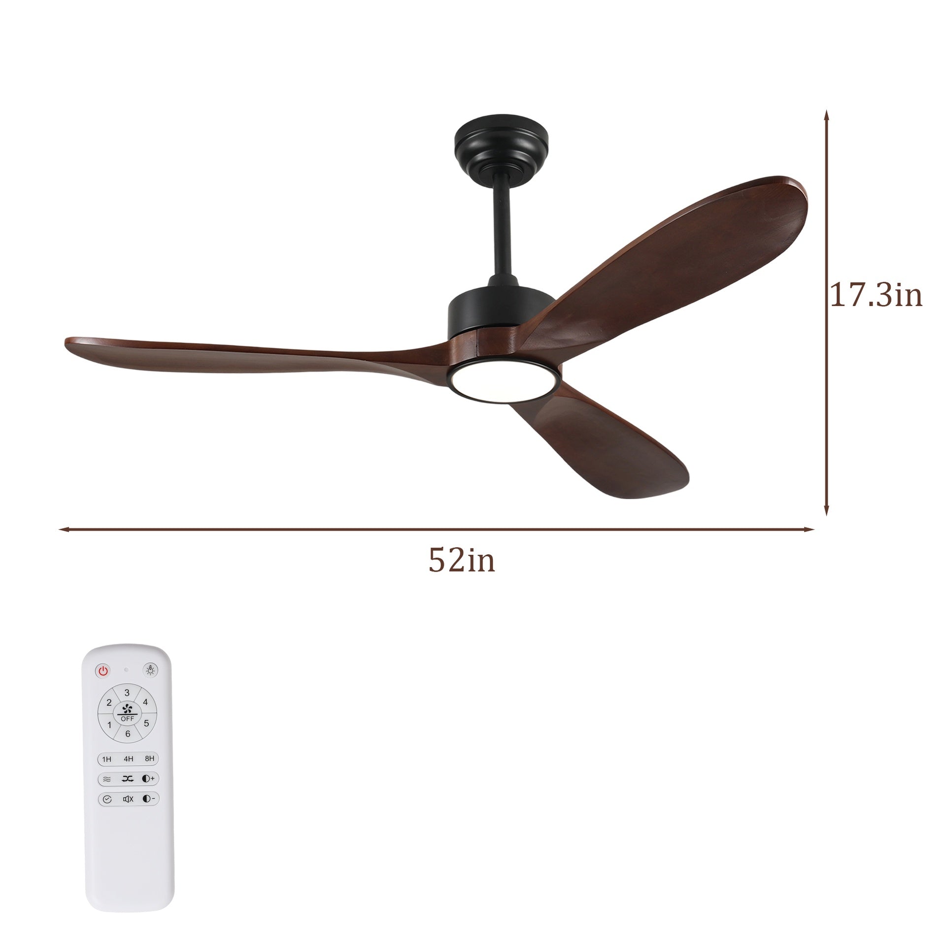 52 Inch Ceiling Fan with Light, 3 Solid Wood Blades,Remote Control,6-speed Reversible DC Motor for Living Room,Bed Room,Dining Room.