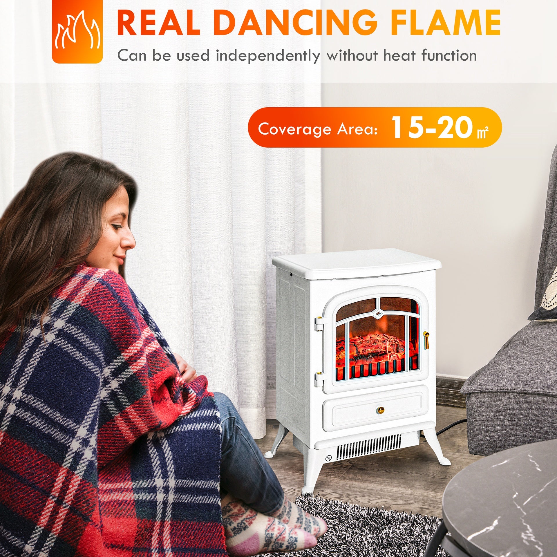 22" Electric Fireplace Heater, Freestanding Fire Place Stove with Realistic LED Flames and Logs, and Overheating Protection, 750W/1500W, White
