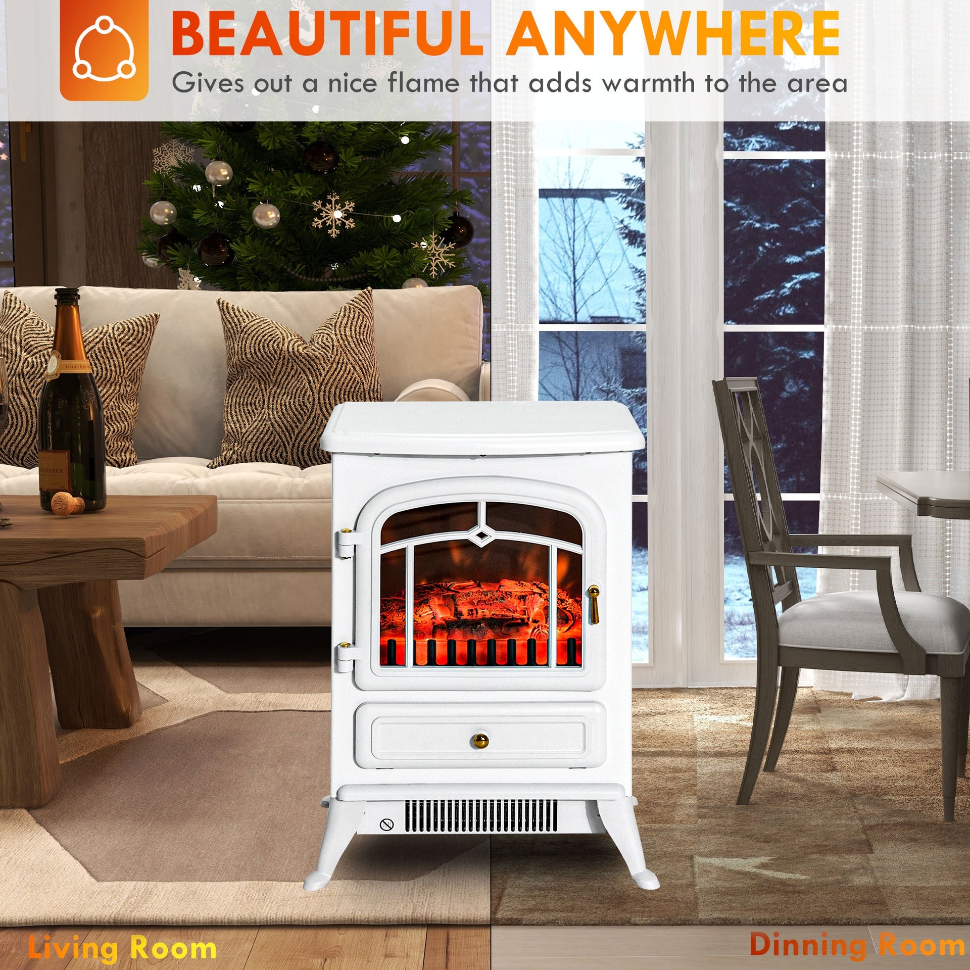 22" Electric Fireplace Heater, Freestanding Fire Place Stove with Realistic LED Flames and Logs, and Overheating Protection, 750W/1500W, White