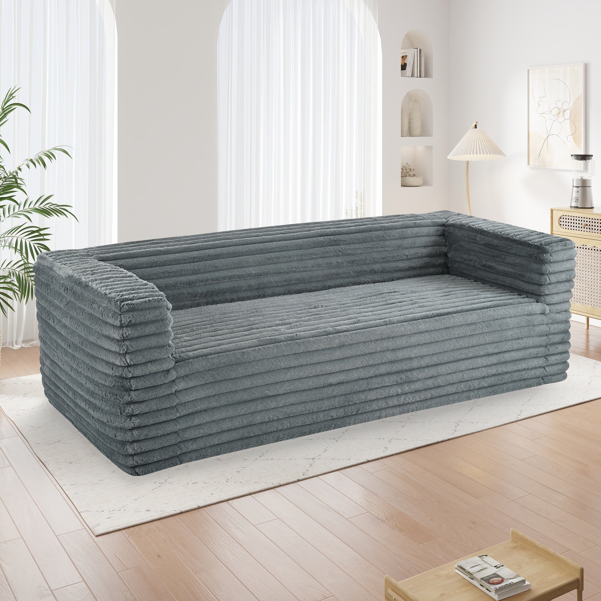 89" Modern Corduroy Couch, 3 Seats Plush Sofa with Squared Arm,Luxury Comfy Seat Super Soft Couches for Living Room,Small Space,Office,Apartment,No Assembly Required