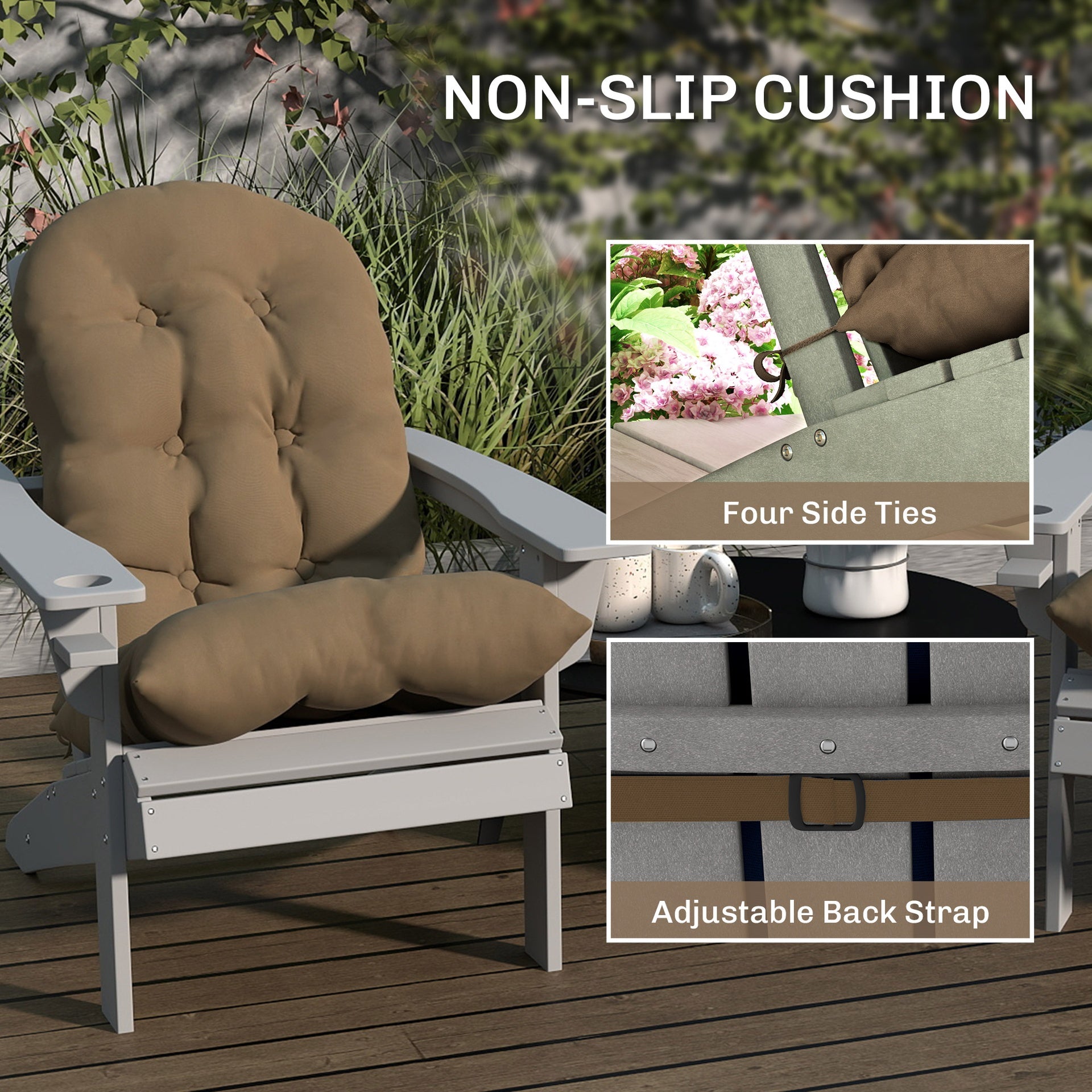Outsunny Adirondack Chair Cushions Set of 2, Tufted High Back Patio Non-Slip Cushions for Adirondack Chairs, Khaki