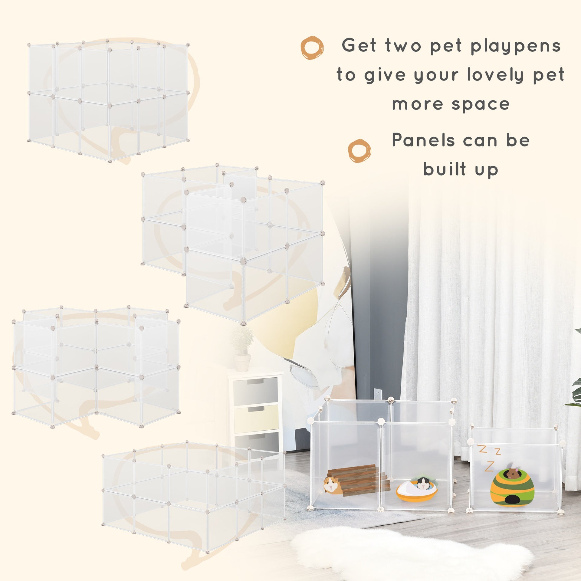 PawHut Pet Playpen DIY Small Animal Cage Open Enclosure Portable Plastic Fence 12 Panels for Guinea Pig Hedgehog White, 18" x 14"