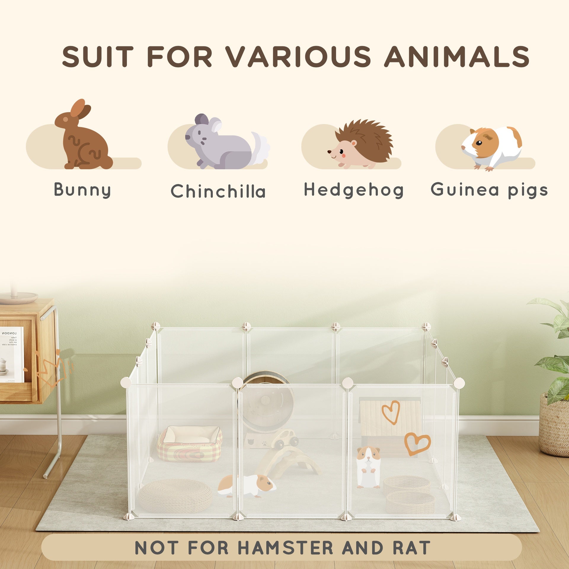 PawHut Pet Playpen DIY Small Animal Cage Open Enclosure Portable Plastic Fence 12 Panels for Guinea Pig Hedgehog White, 18" x 14"