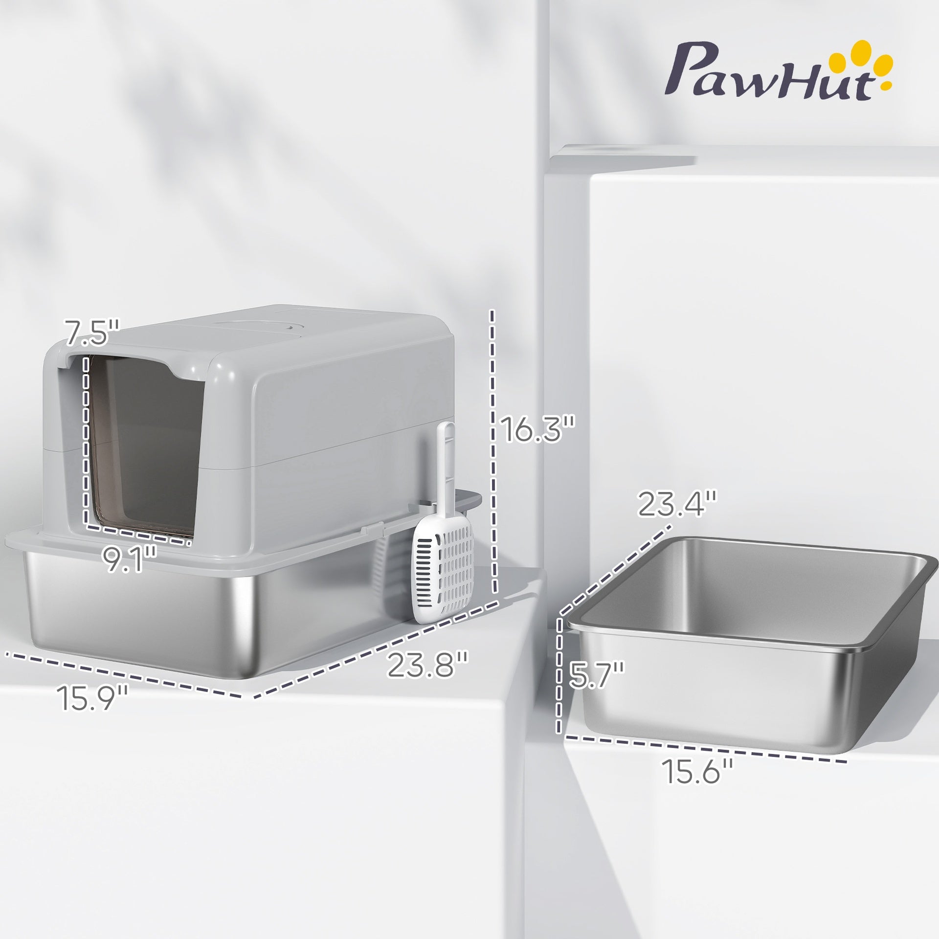 PawHut 2 in 1 Stainless Steel Cat Litter Box with Removable Lid, Scoop, Filter Bags, for Small to Large Cats, Gray