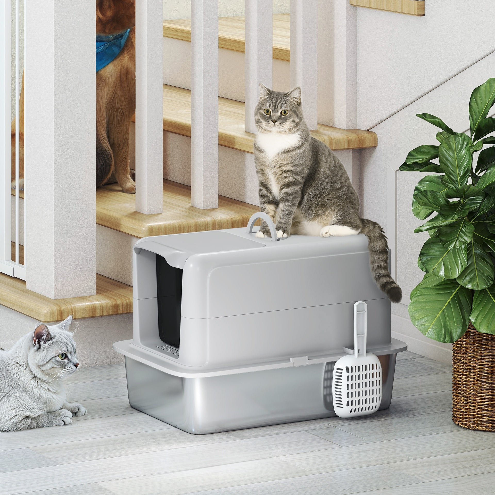 PawHut 2 in 1 Stainless Steel Cat Litter Box with Removable Lid, Scoop, Filter Bags, for Small to Large Cats, Gray