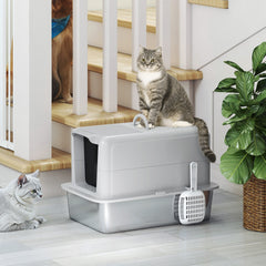 PawHut 2 in 1 Stainless Steel Cat Litter Box with Removable Lid, Scoop, Filter Bags, for Small to Large Cats, Gray