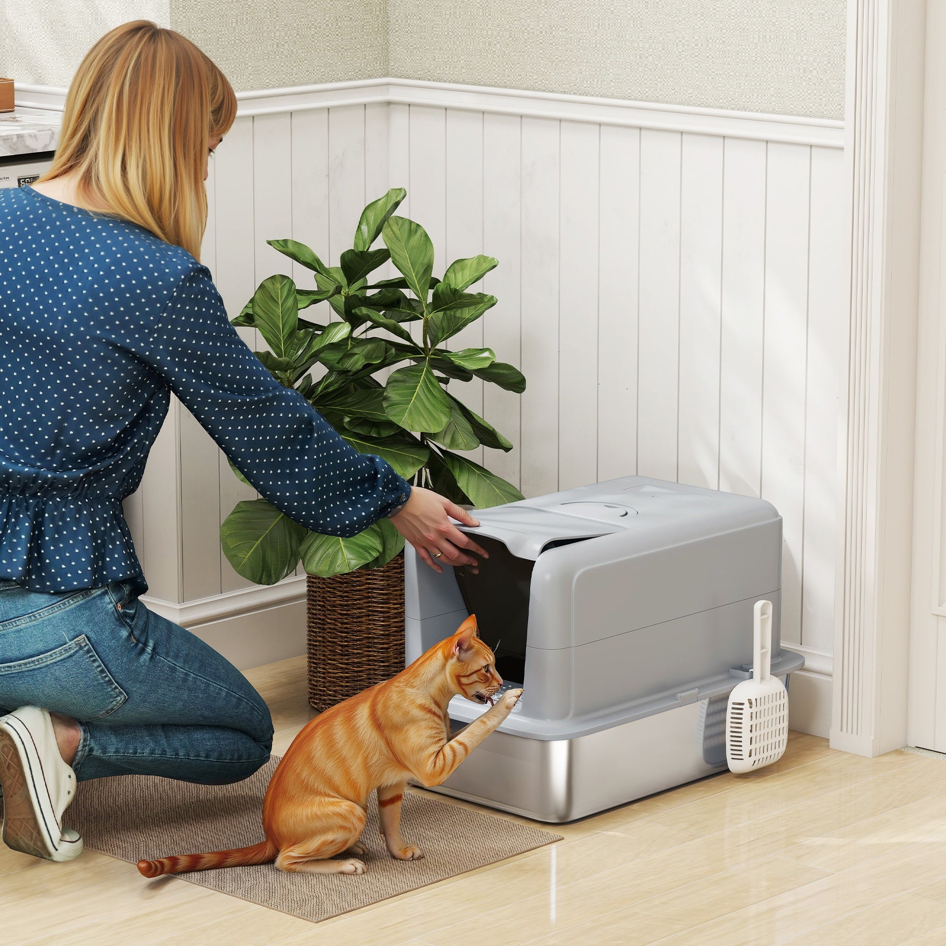 PawHut 2 in 1 Stainless Steel Cat Litter Box with Removable Lid, Scoop, Filter Bags, for Small to Large Cats, Gray