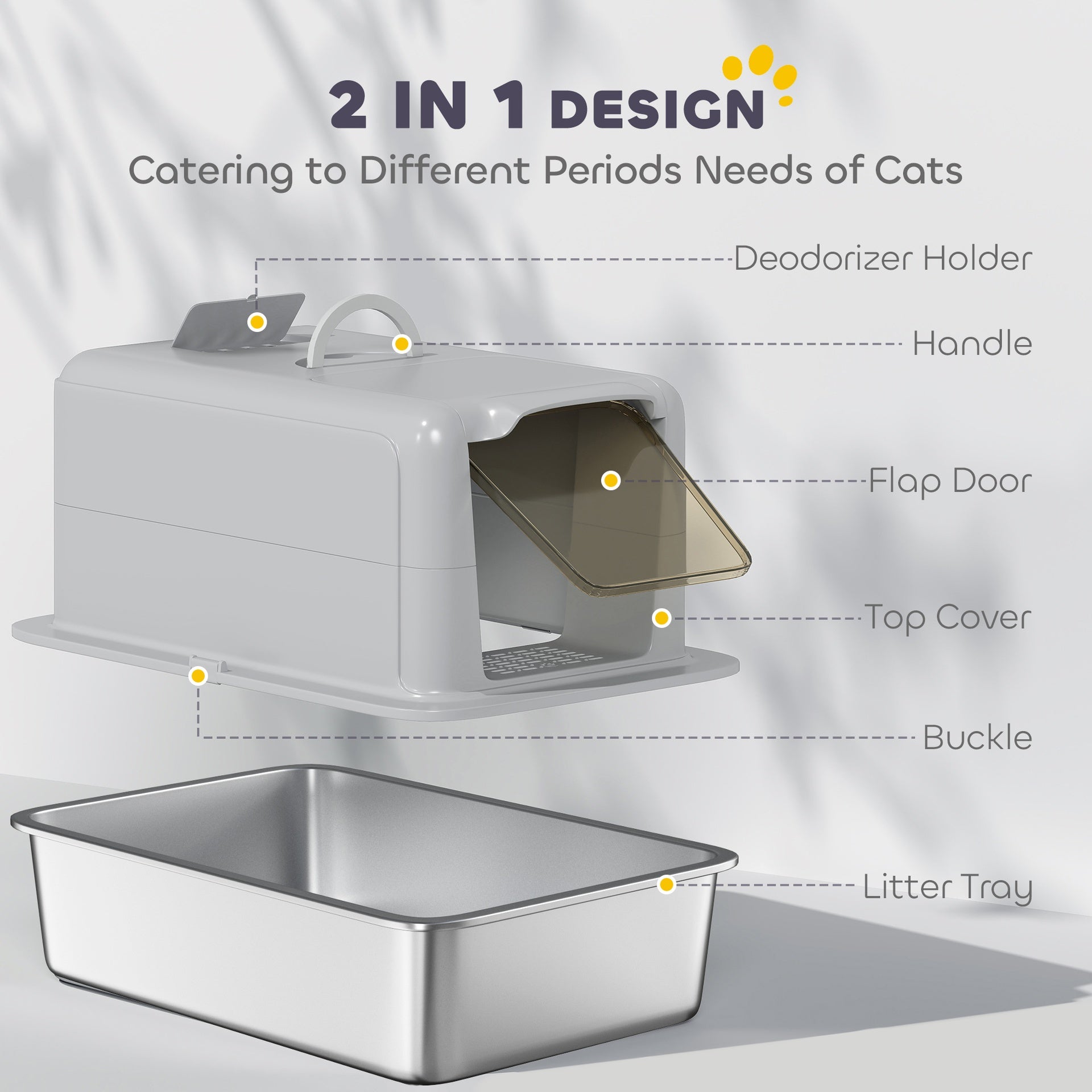 PawHut 2 in 1 Stainless Steel Cat Litter Box with Removable Lid, Scoop, Filter Bags, for Small to Large Cats, Gray