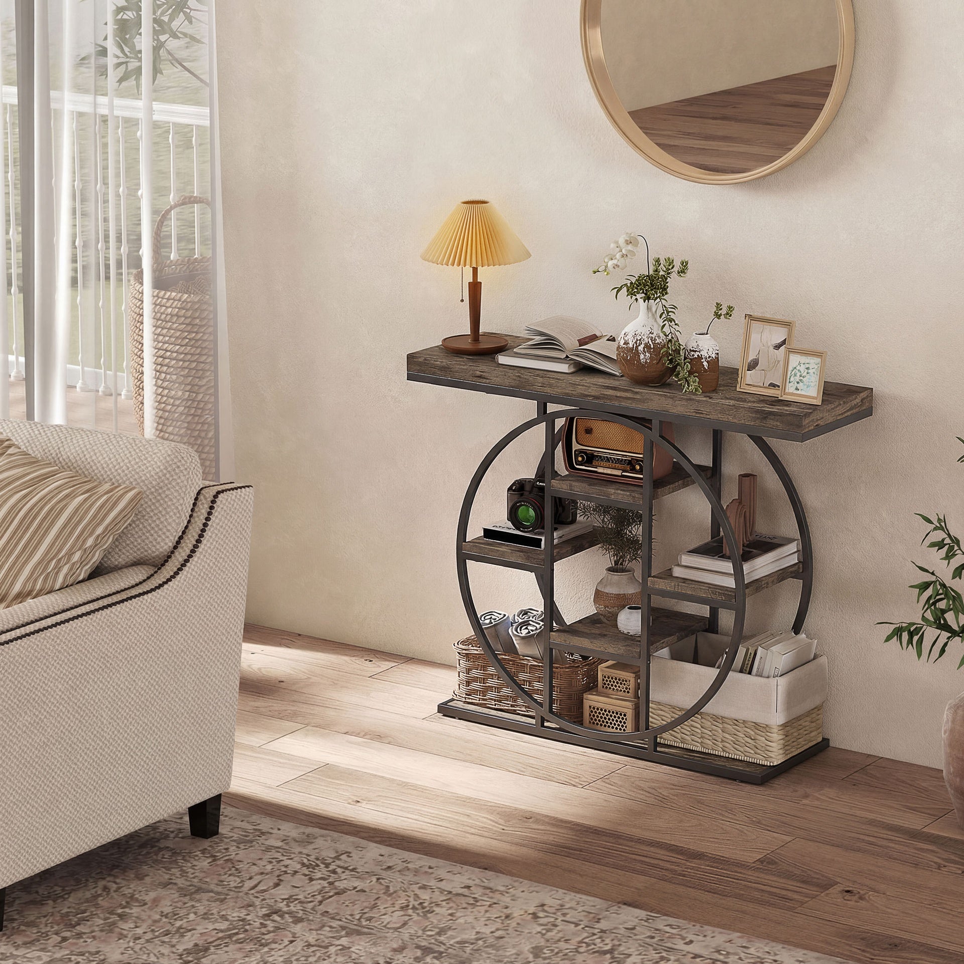 HOMCOM 39.4" Console Table with Storage Shelves, Industrial Sofa Table for Living Room, Hallway, Rustic Oak