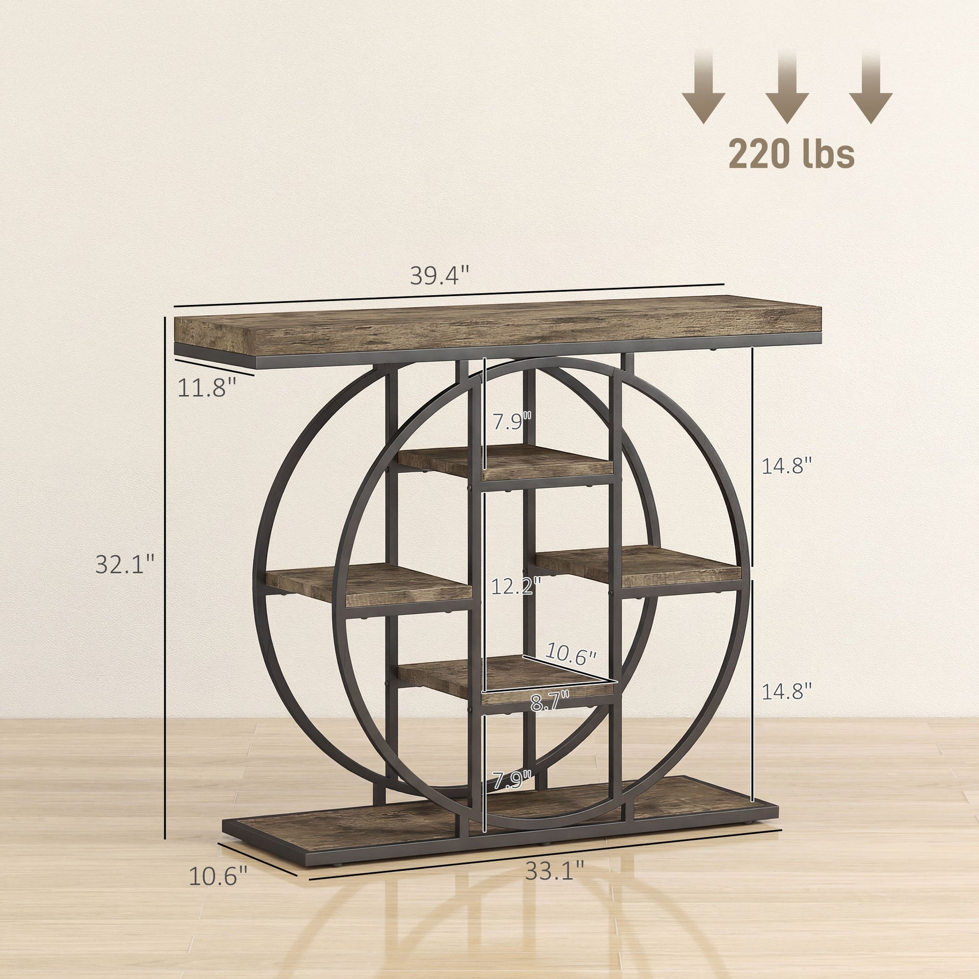 HOMCOM 39.4" Console Table with Storage Shelves, Industrial Sofa Table for Living Room, Hallway, Rustic Oak