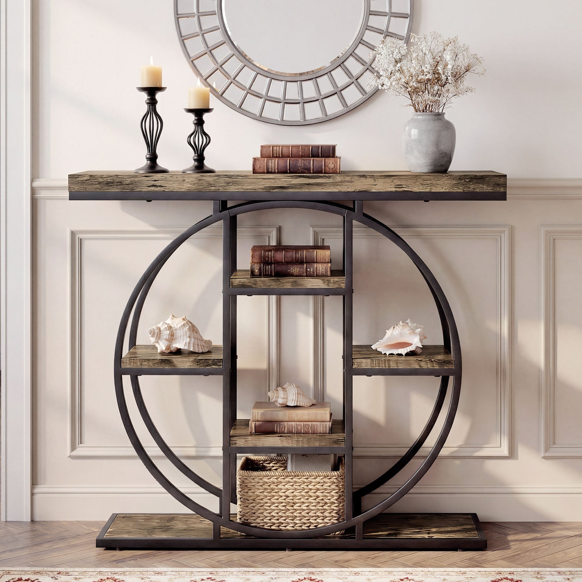 HOMCOM 39.4" Console Table with Storage Shelves, Industrial Sofa Table for Living Room, Hallway, Rustic Oak