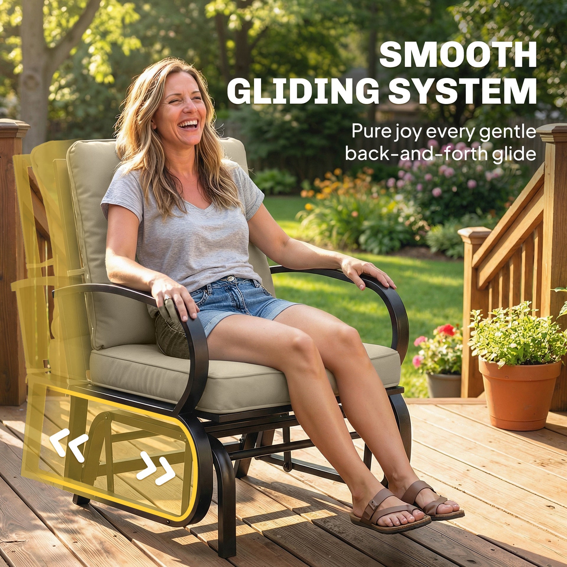 Outsunny Patio Glider, Outdoor Glider Chair with Cushions, Steel Frame, Curved Armrests, Beige