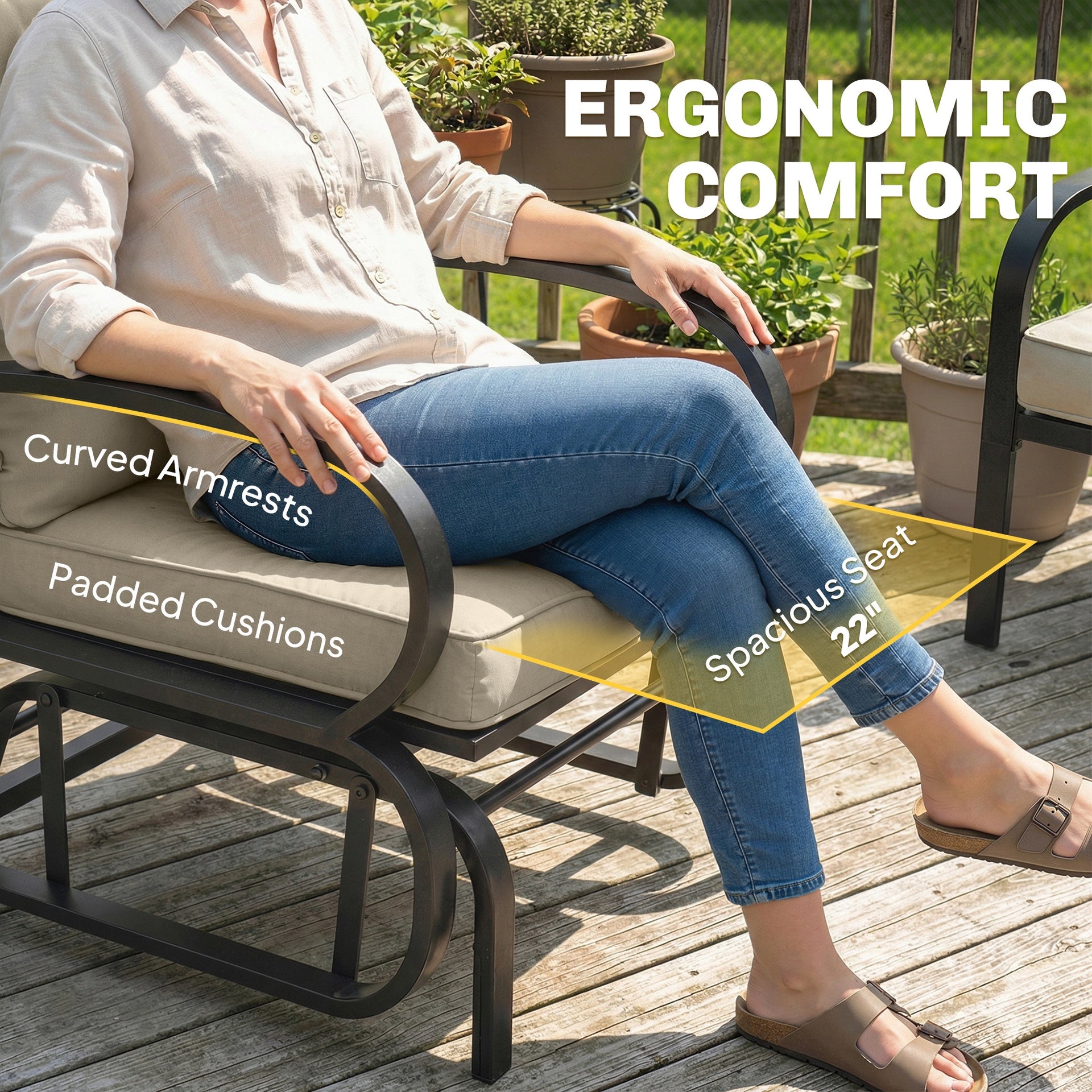 Outsunny Patio Glider, Outdoor Glider Chair with Cushions, Steel Frame, Curved Armrests, Beige