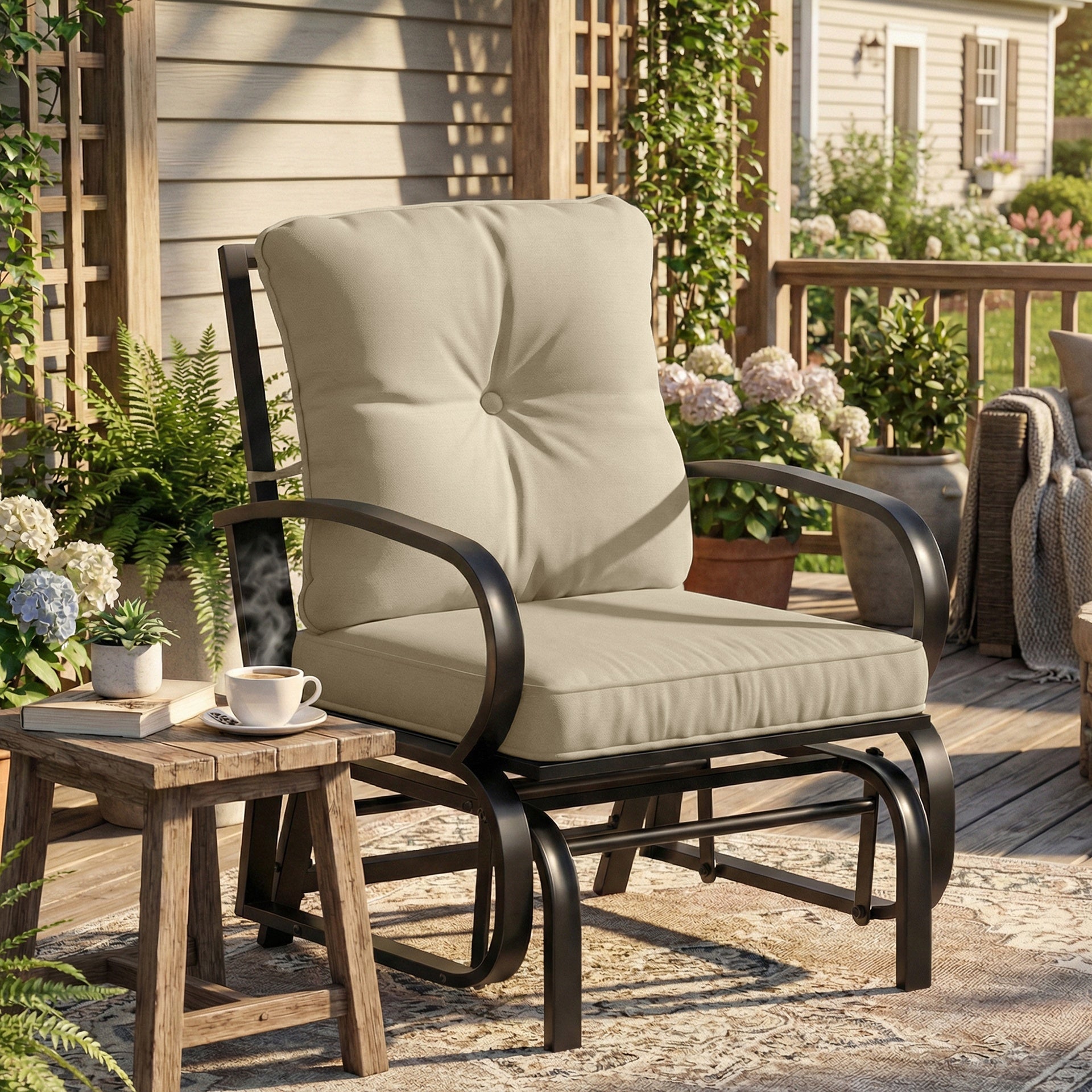 Outsunny Patio Glider, Outdoor Glider Chair with Cushions, Steel Frame, Curved Armrests, Beige