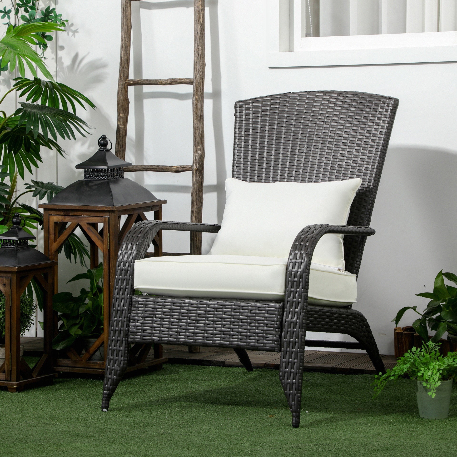 Outsunny Wicker Adirondack Chair, Outdoor All-Weather Rattan Fire Pit Chair w/ Soft Cushions, Tall Curved Backrest, Cream White