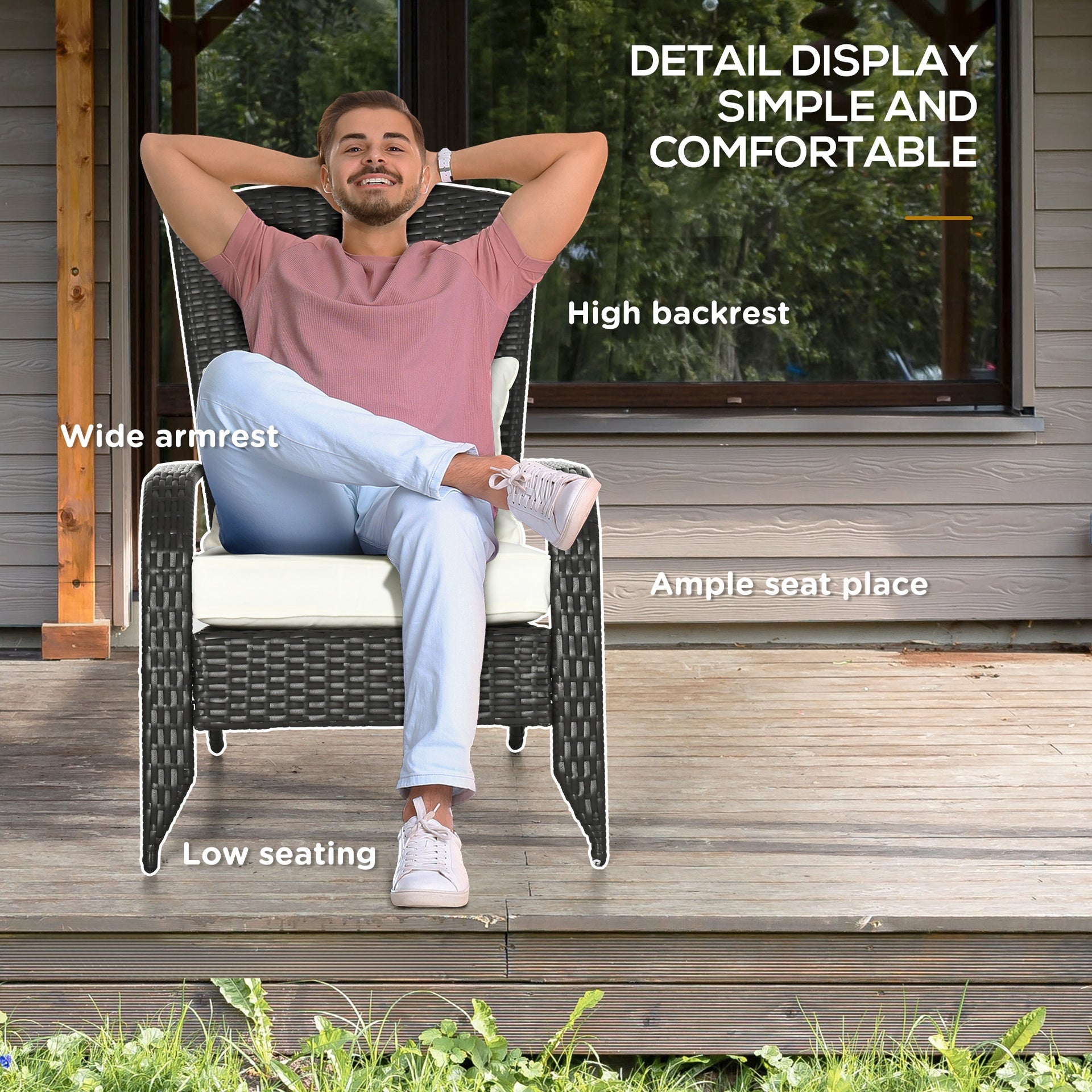 Outsunny Wicker Adirondack Chair, Outdoor All-Weather Rattan Fire Pit Chair w/ Soft Cushions, Tall Curved Backrest, Cream White