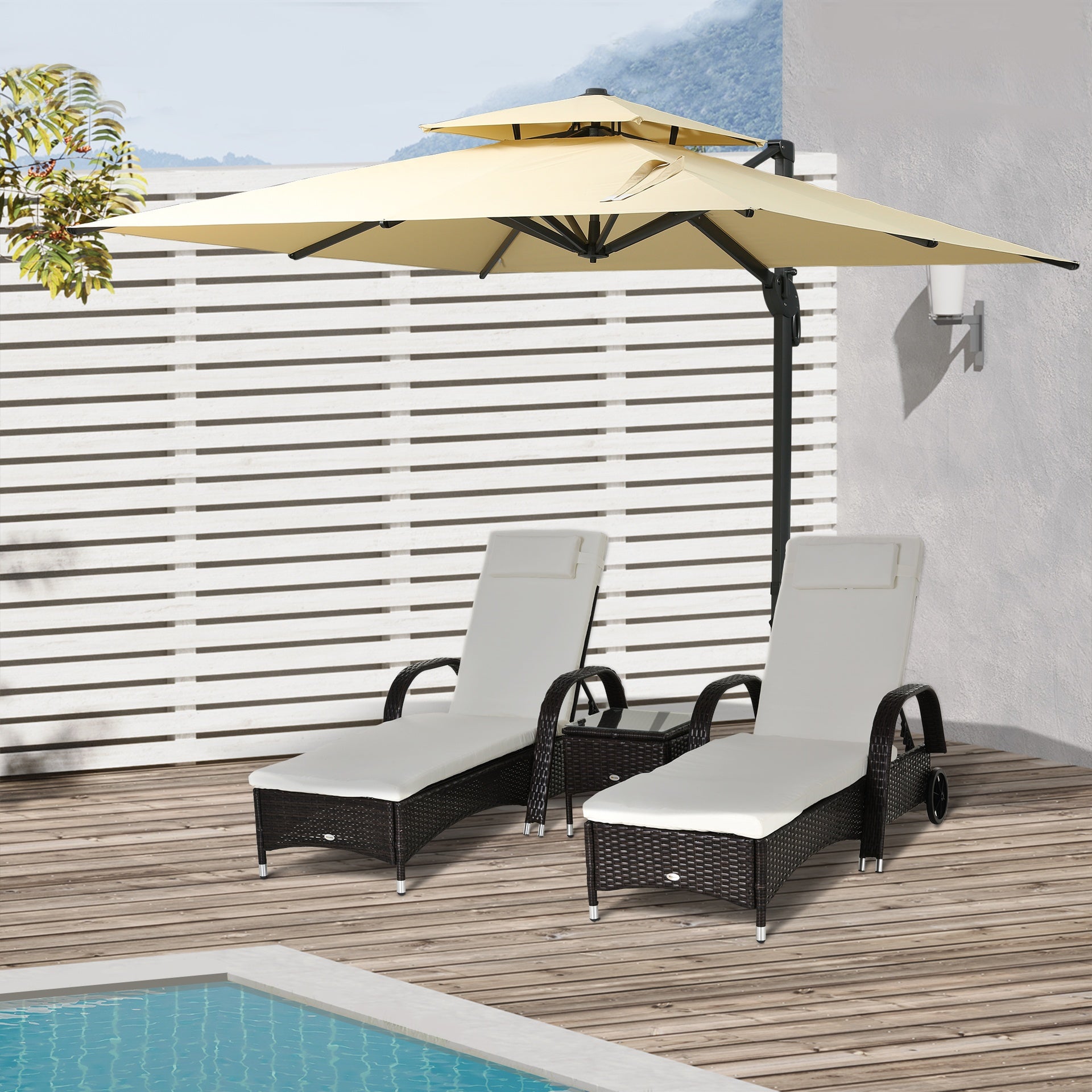 Outsunny 10ft Offset Patio Umbrella, Hanging Cantilever Umbrella, Square Shape, Aluminum Cross Base, Tilt, 360-Degree Rotation, Beige