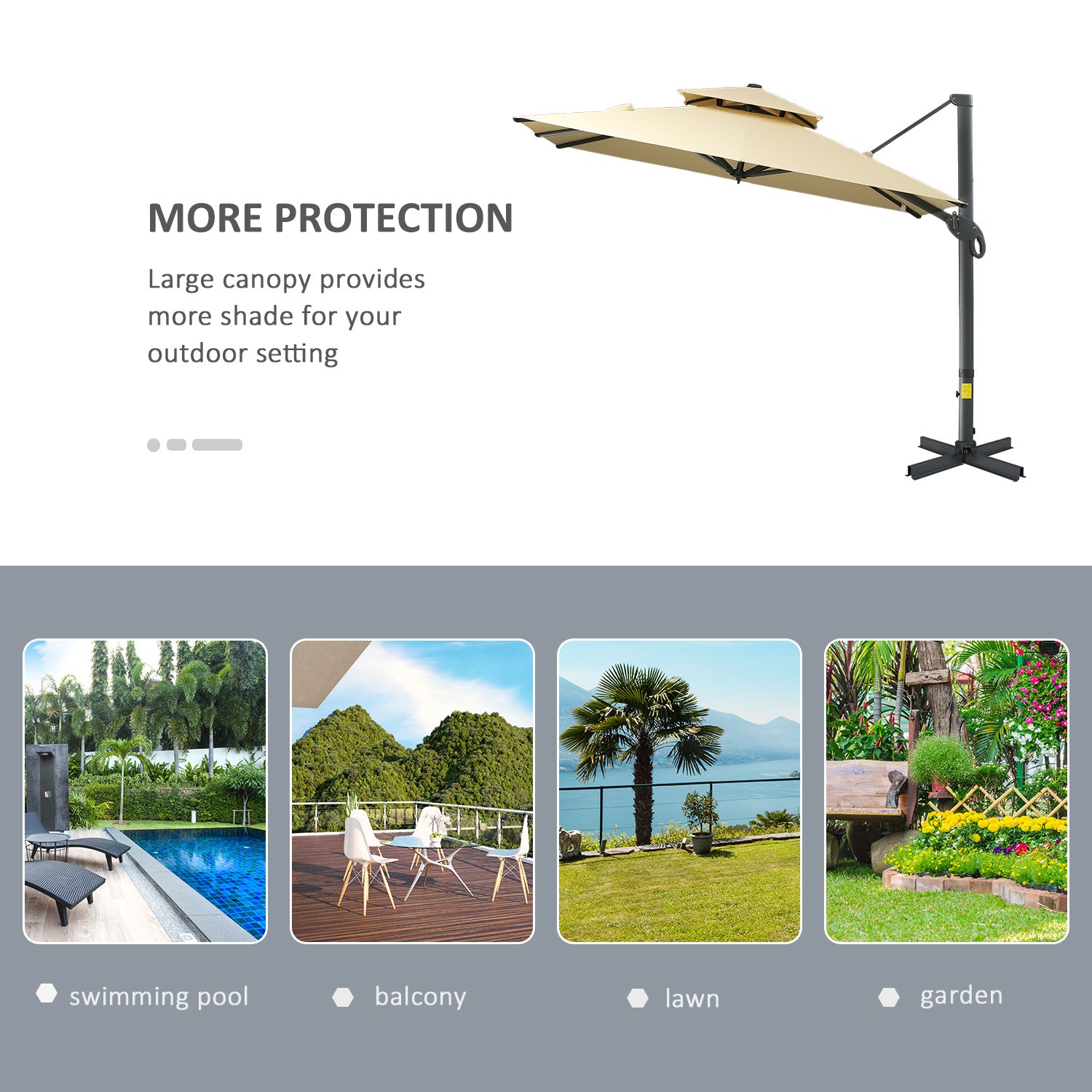 Outsunny 10ft Offset Patio Umbrella, Hanging Cantilever Umbrella, Square Shape, Aluminum Cross Base, Tilt, 360-Degree Rotation, Beige