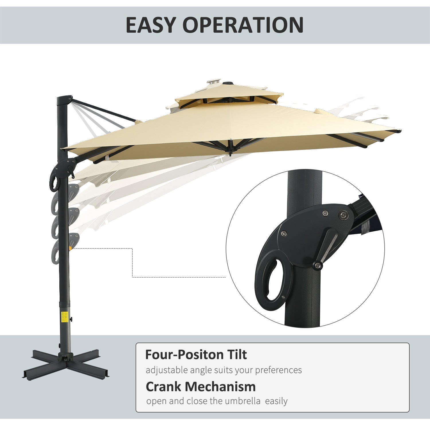 Outsunny 10ft Offset Patio Umbrella, Hanging Cantilever Umbrella, Square Shape, Aluminum Cross Base, Tilt, 360-Degree Rotation, Beige