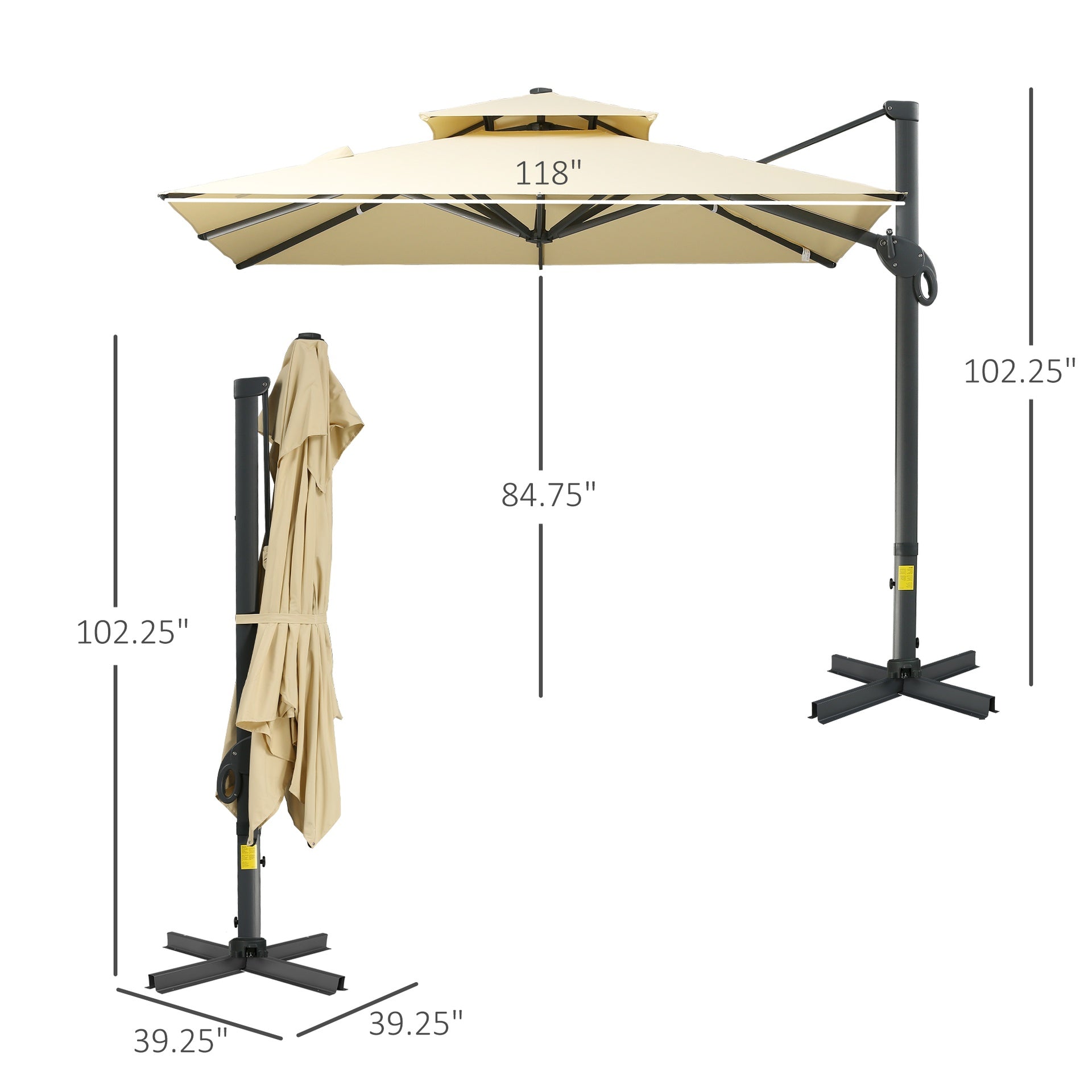 Outsunny 10ft Offset Patio Umbrella, Hanging Cantilever Umbrella, Square Shape, Aluminum Cross Base, Tilt, 360-Degree Rotation, Beige