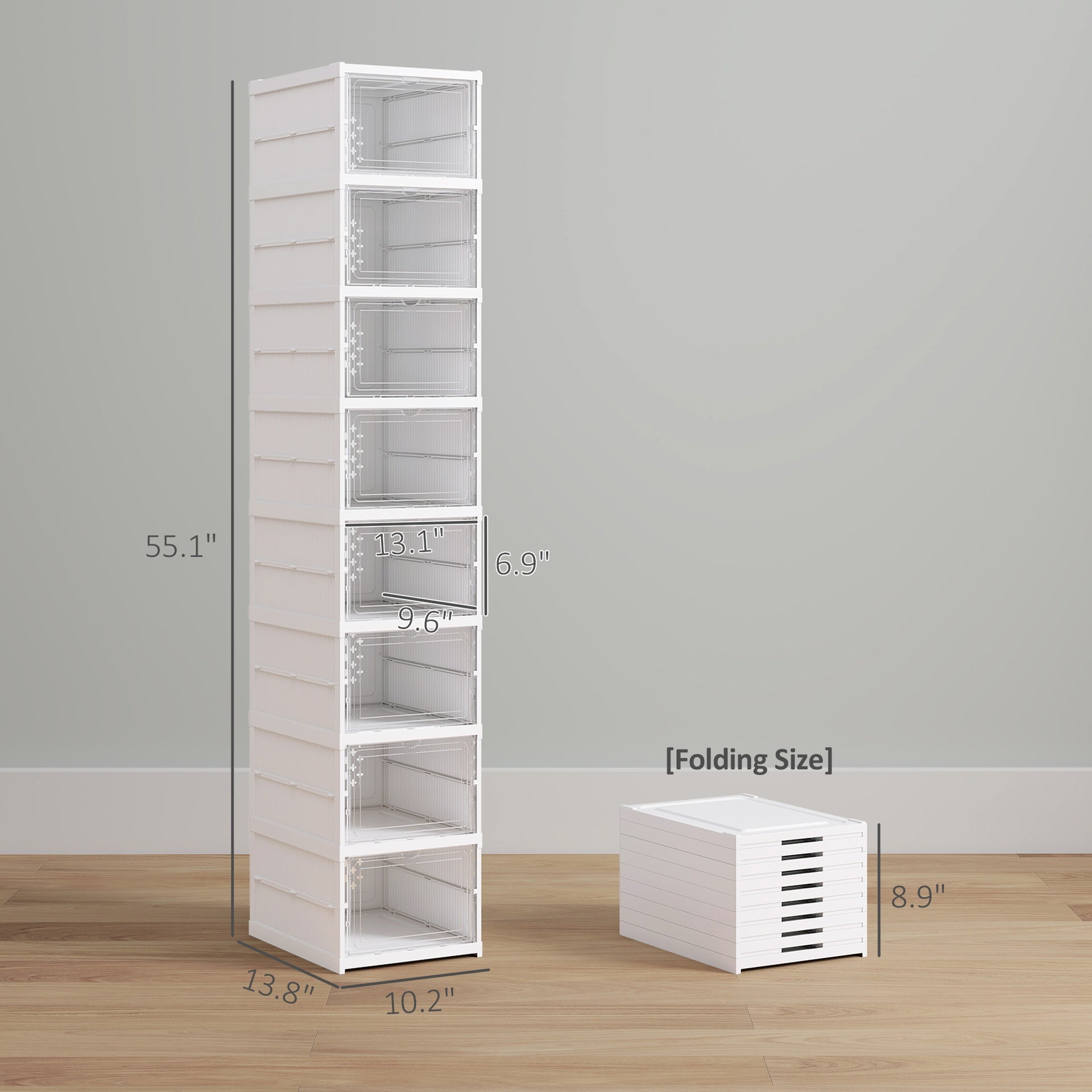 HOMCOM Stackable Plastic Shoe Boxes, 8 Pack Foldable Shoe Storage Boxes with Clear Door, No Assembly, Fit Size 10, White