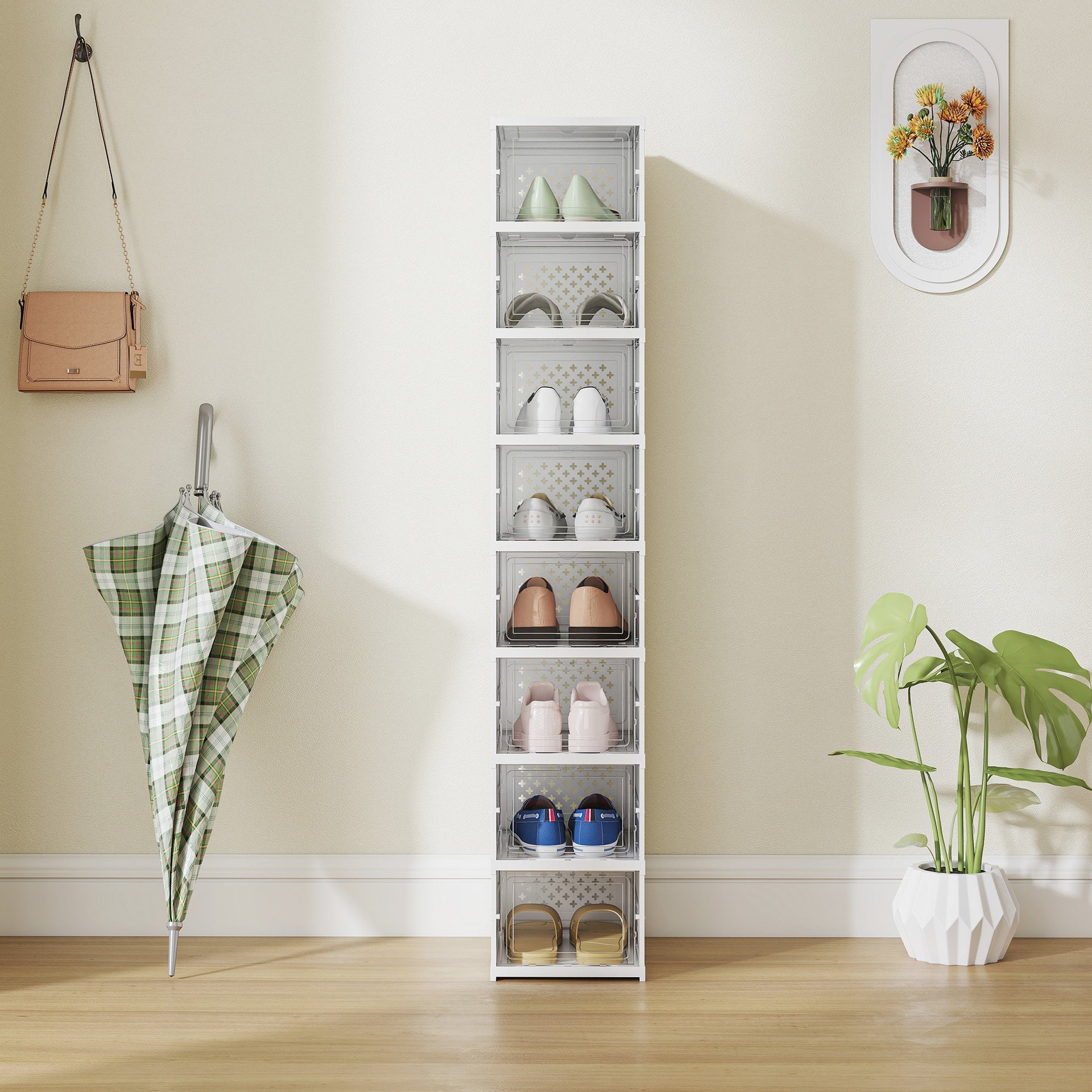 HOMCOM Stackable Plastic Shoe Boxes, 8 Pack Foldable Shoe Storage Boxes with Clear Door, No Assembly, Fit Size 10, White