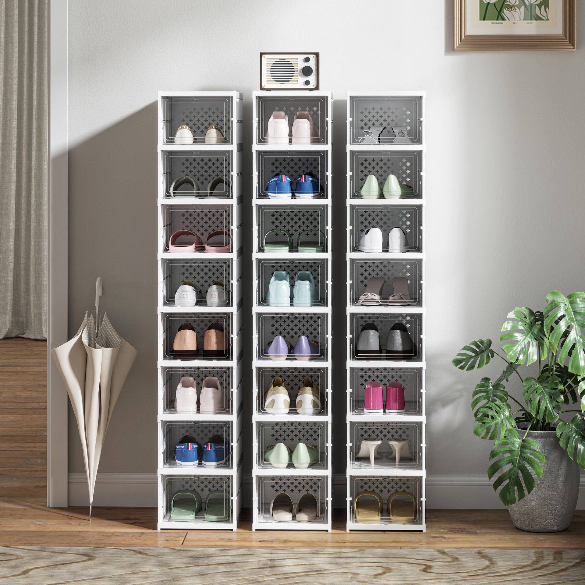 HOMCOM Stackable Plastic Shoe Boxes, 8 Pack Foldable Shoe Storage Boxes with Clear Door, No Assembly, Fit Size 10, White