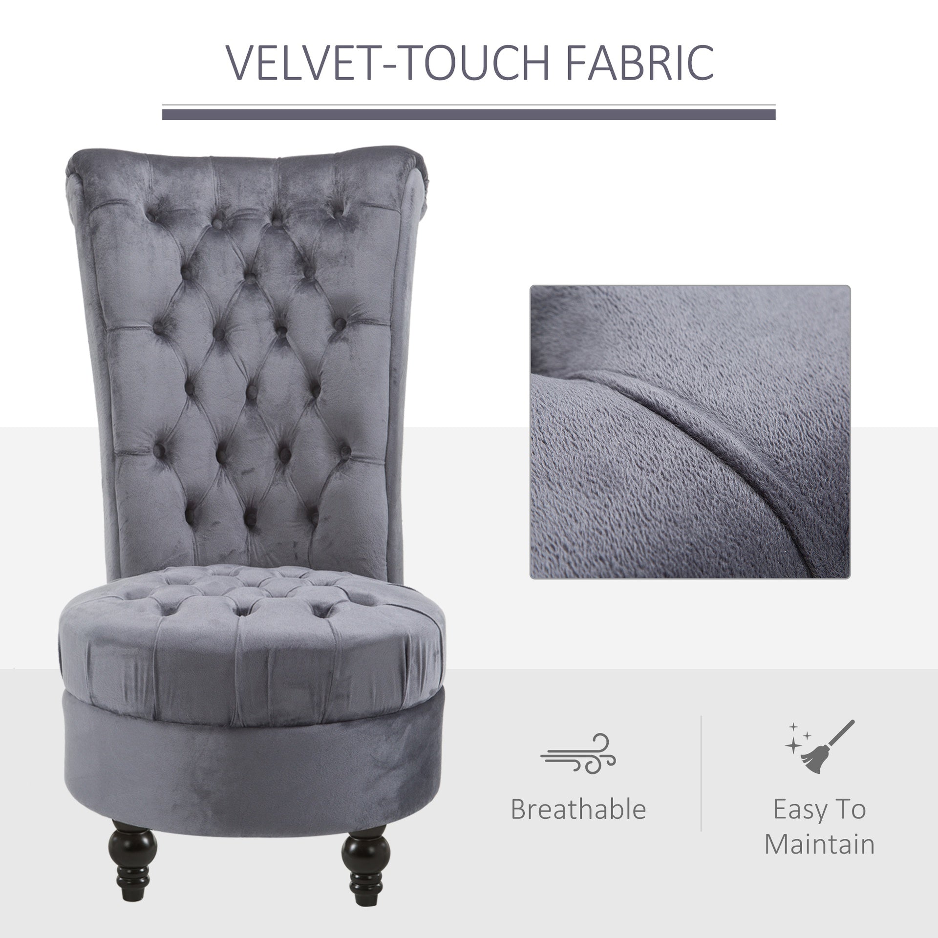 HOMCOM Retro High Back Armless Royal Accent Chair Fabric Upholstered Tufted Seat for Living Room, Dining Room and Bedroom, Grey