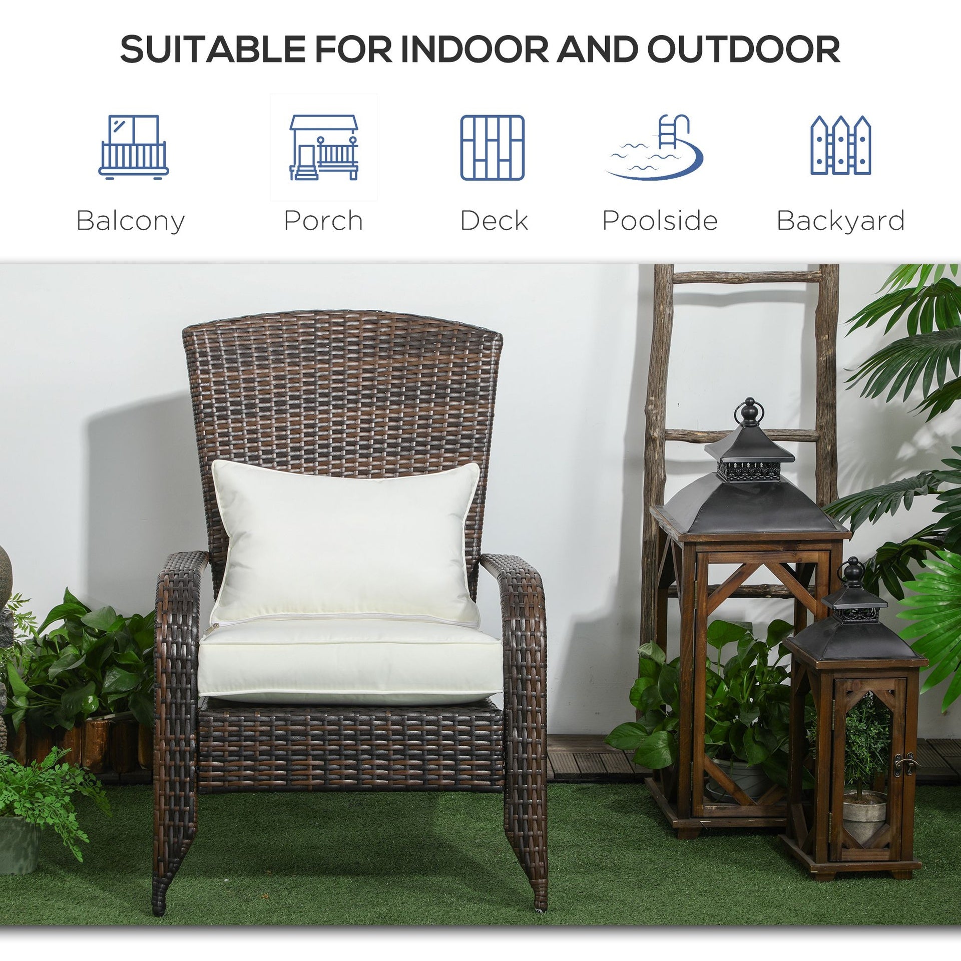 Outsunny  Patio Wicker Adirondack Chair, Outdoor All-Weather Rattan Fire Pit Chair w/ Soft Cushions, Tall Curved Backrest