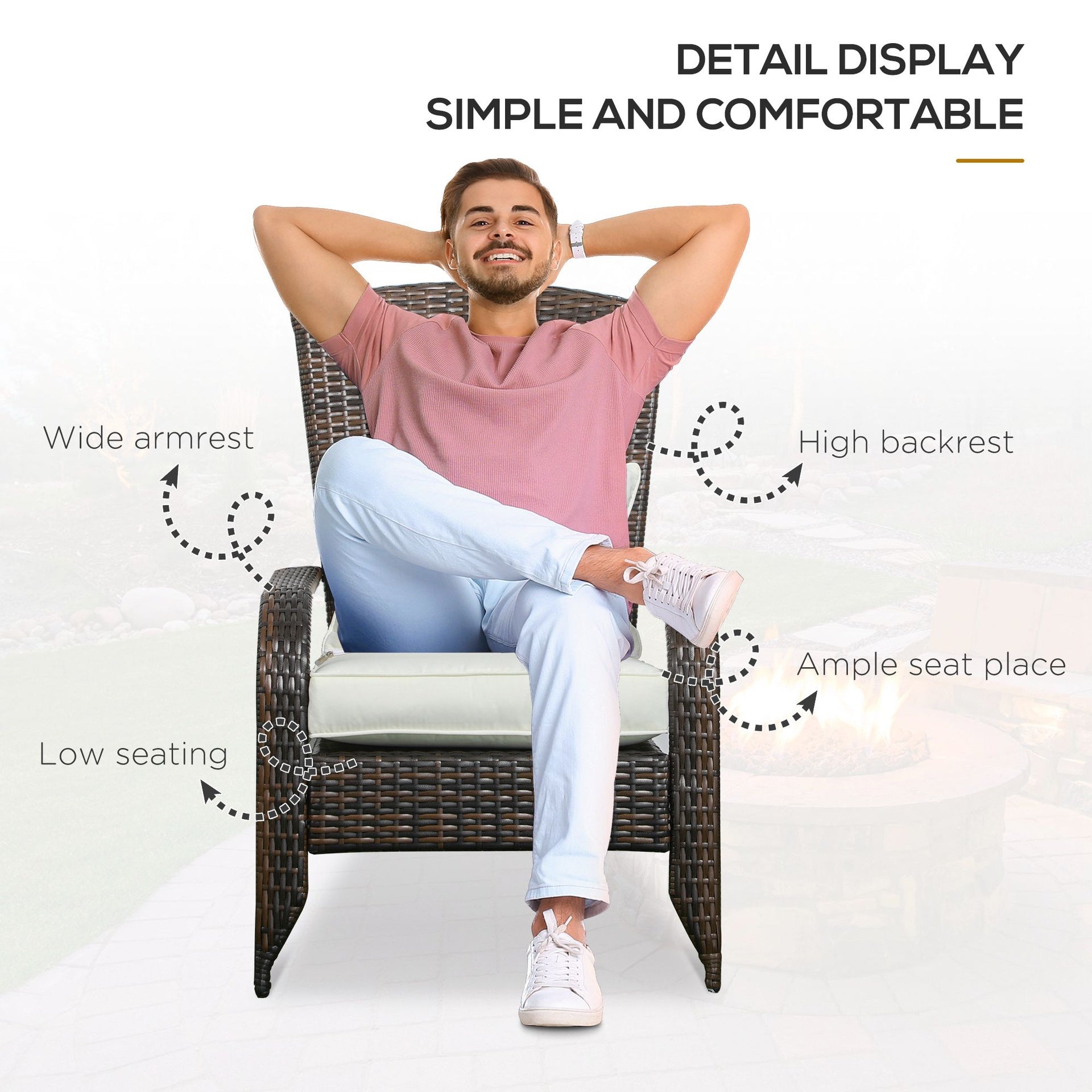Outsunny  Patio Wicker Adirondack Chair, Outdoor All-Weather Rattan Fire Pit Chair w/ Soft Cushions, Tall Curved Backrest