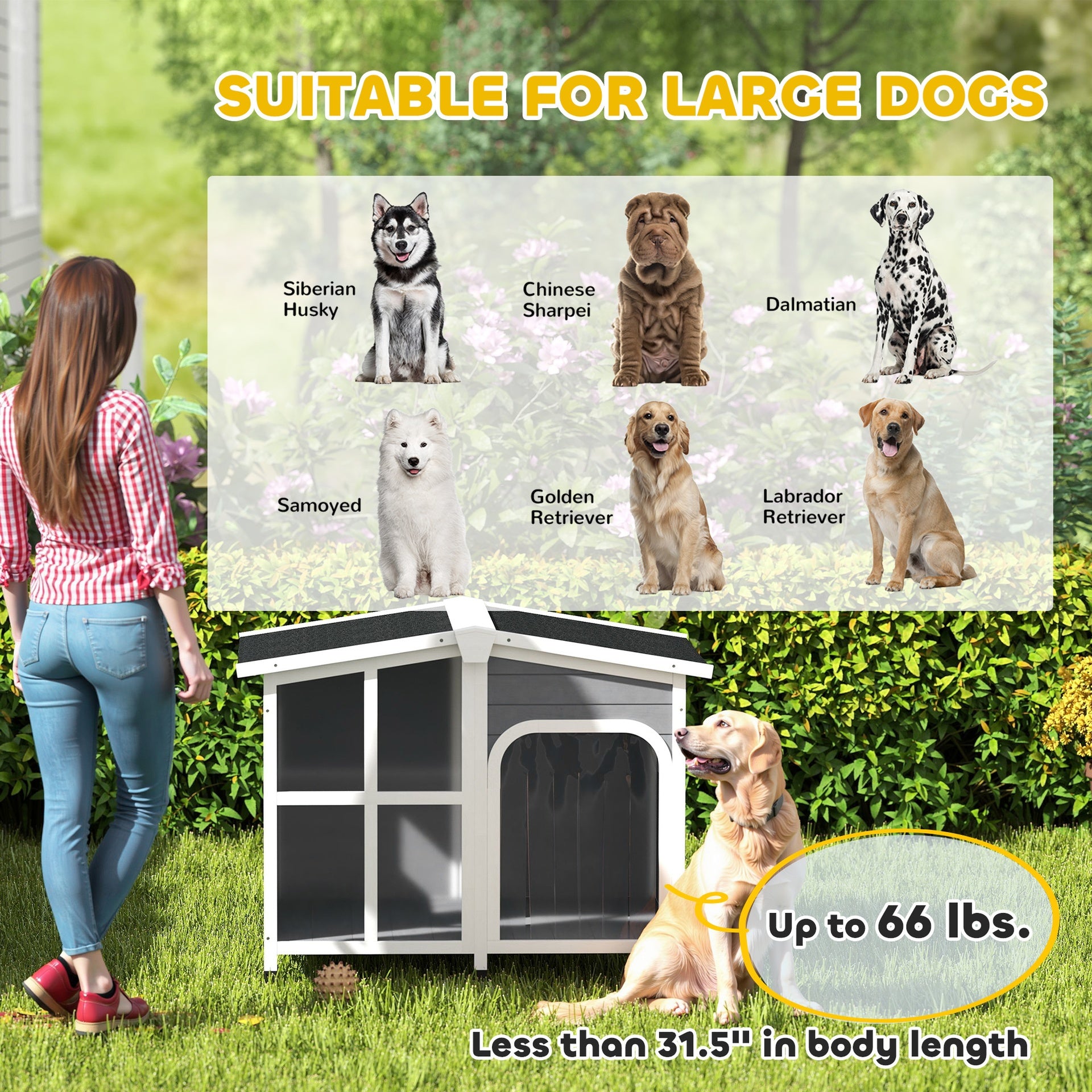 PawHut Cabin-Style Wooden Dog House for Large Dogs with Openable Roof & Giant Window,Gray