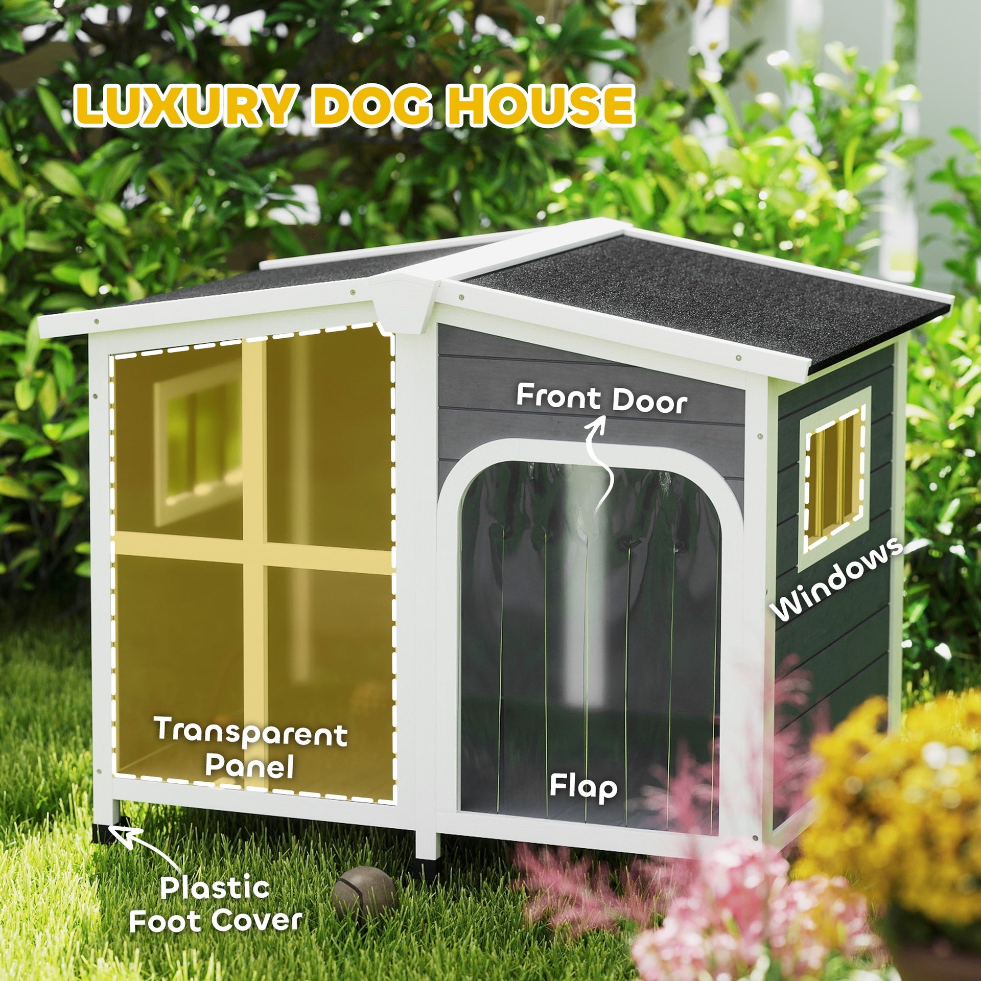 PawHut Cabin-Style Wooden Dog House for Large Dogs with Openable Roof & Giant Window,Gray