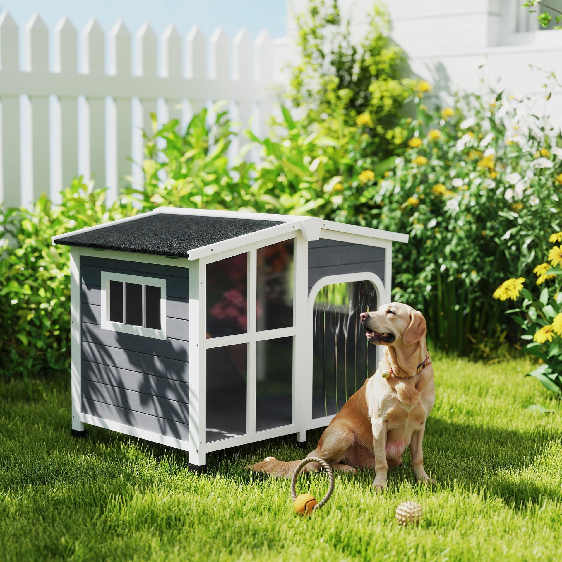 PawHut Cabin-Style Wooden Dog House for Large Dogs with Openable Roof & Giant Window,Gray