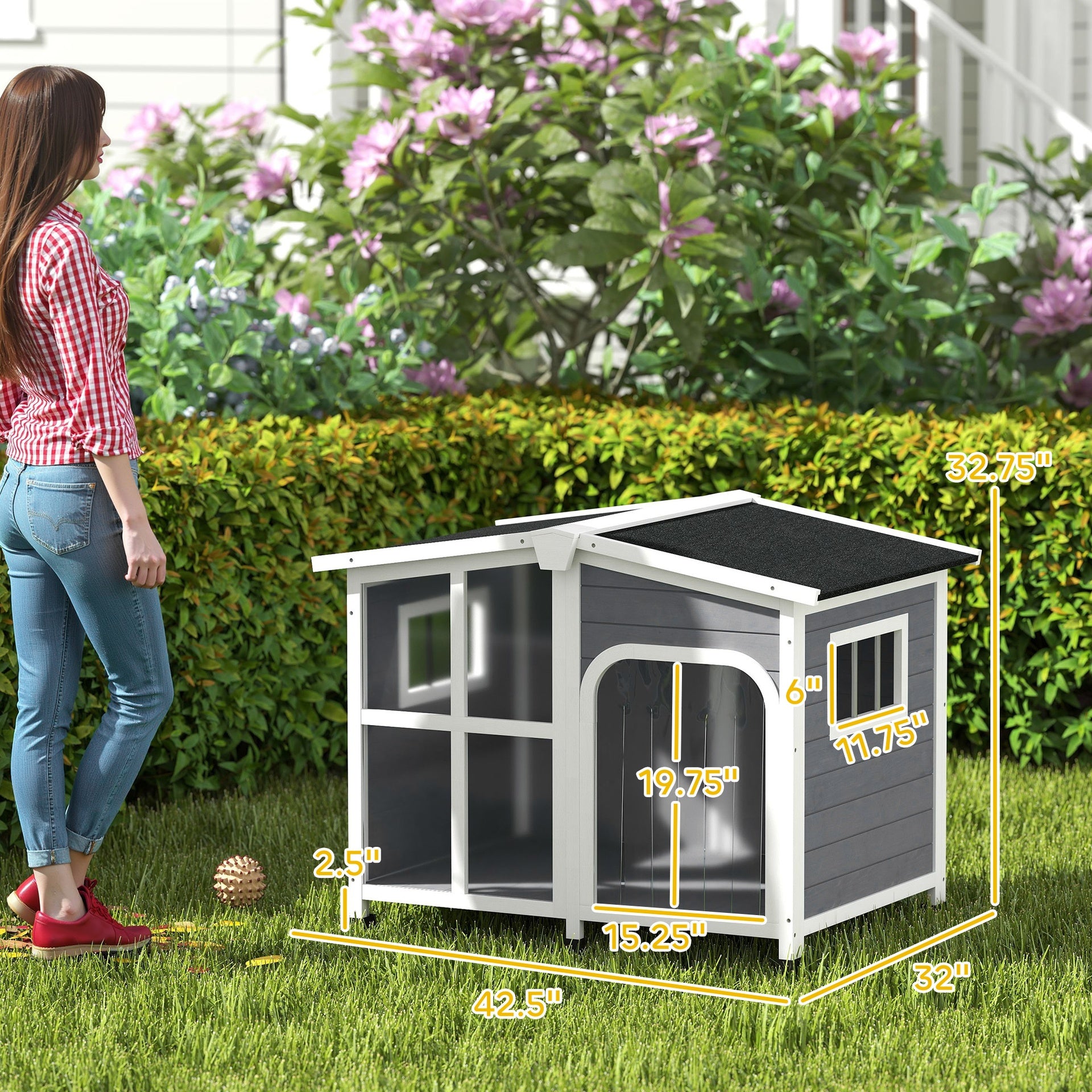 PawHut Cabin-Style Wooden Dog House for Large Dogs with Openable Roof & Giant Window,Gray