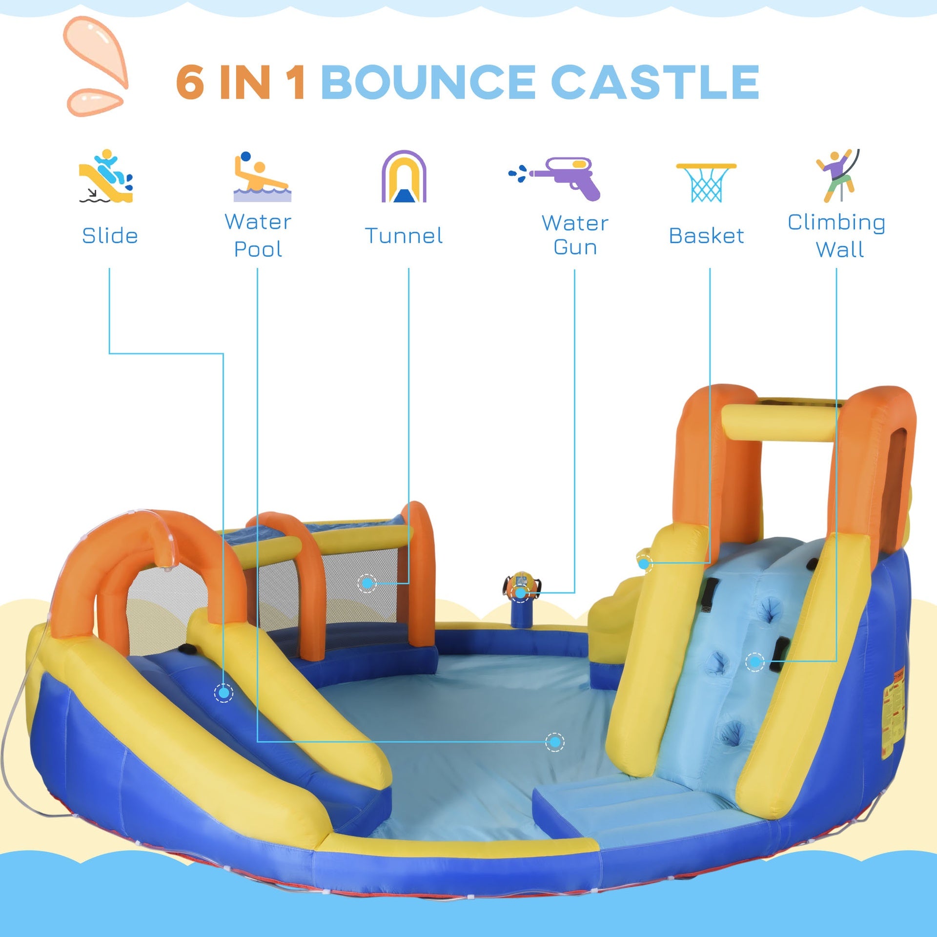 Outsunny 6-in-1 Inflatable Water Slide Kids Bounce House Jumping Castle Includes Slide Basket Pool Climbing Wall Tunnel
