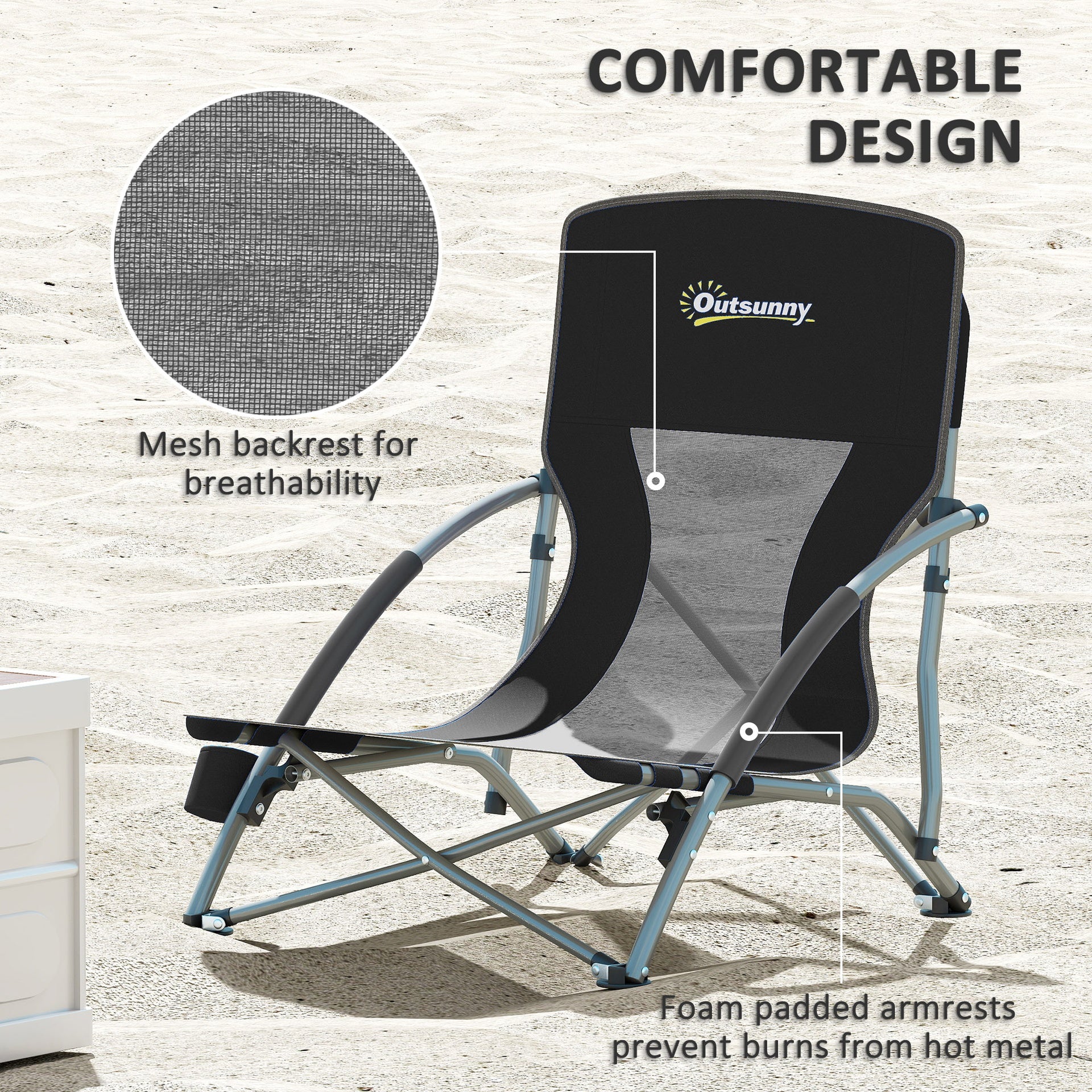 Outsunny Set of 2 Folding Beach Chairs with Mesh Back, Carry Bag and Cup Holder for Outdoor Camping Lawn Sports Picnic, Black