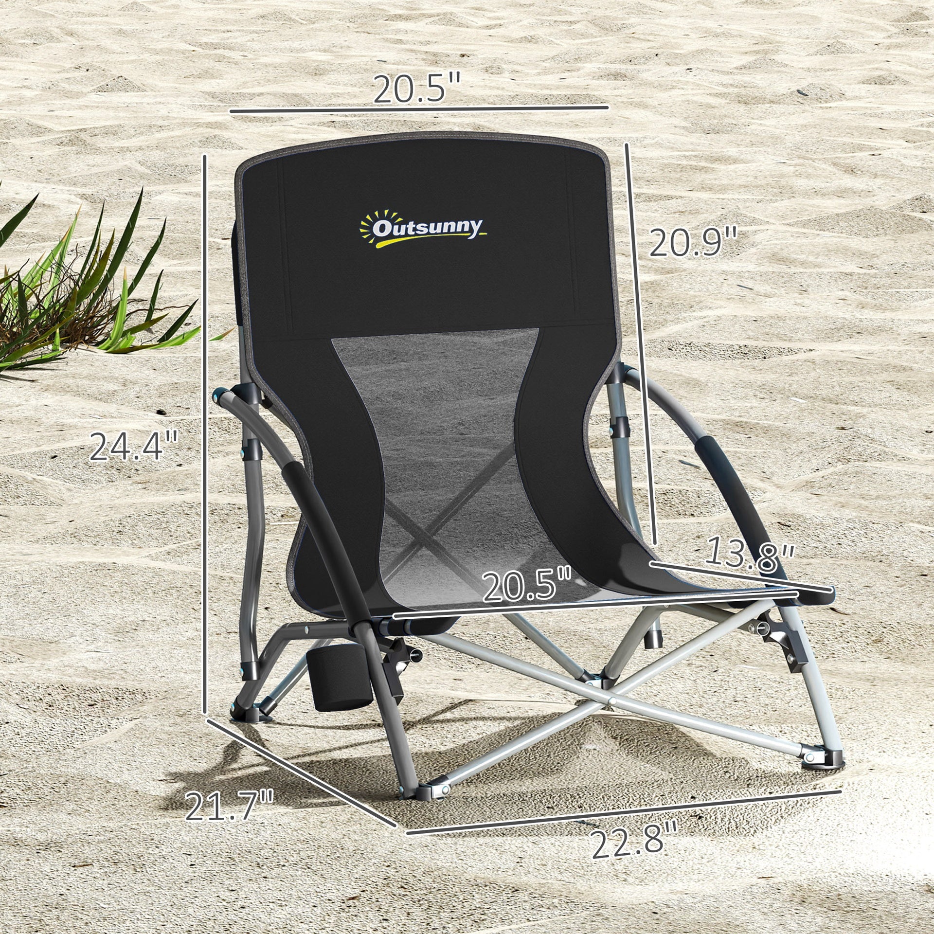 Outsunny Set of 2 Folding Beach Chairs with Mesh Back, Carry Bag and Cup Holder for Outdoor Camping Lawn Sports Picnic, Black