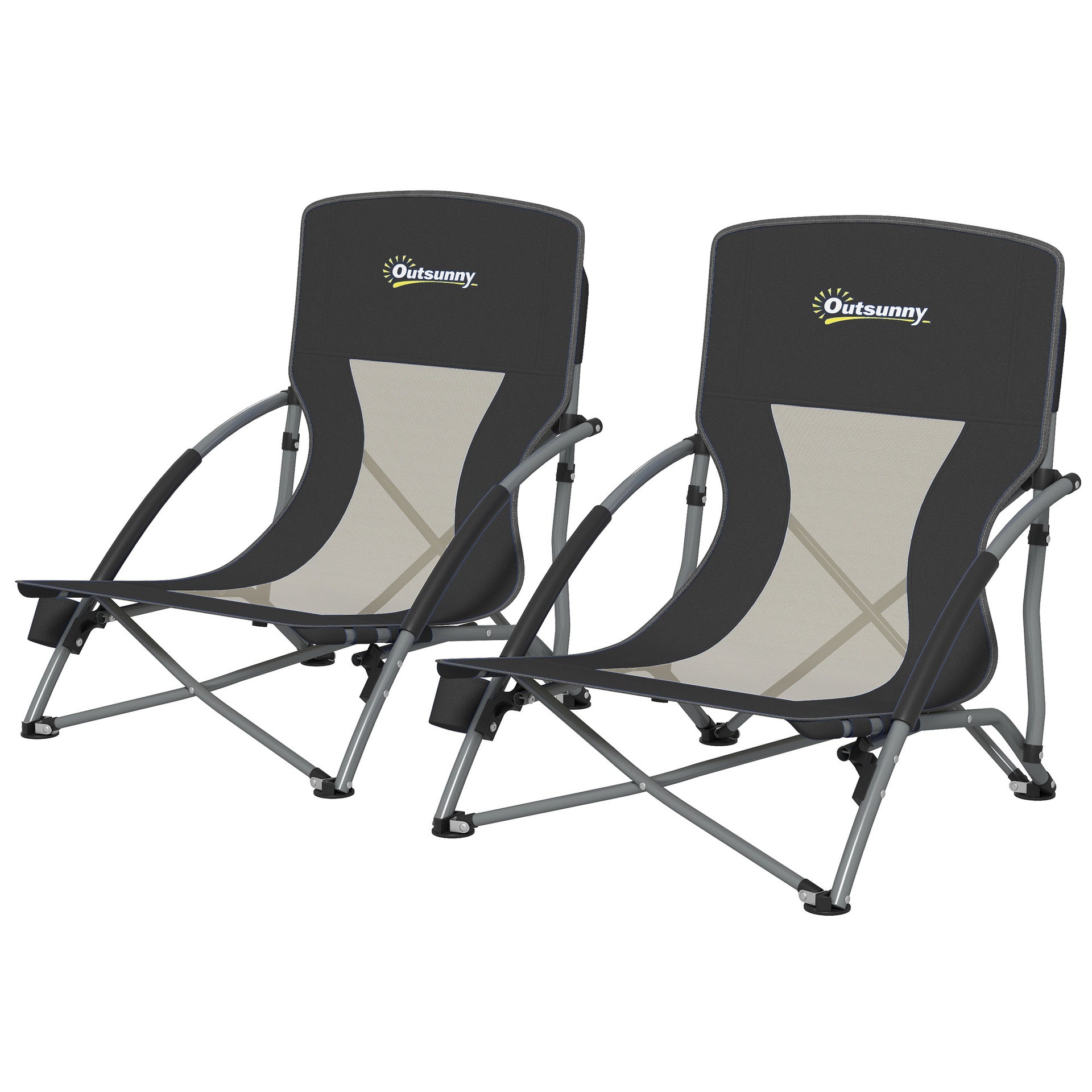 Outsunny Set of 2 Folding Beach Chairs with Mesh Back, Carry Bag and Cup Holder for Outdoor Camping Lawn Sports Picnic, Black