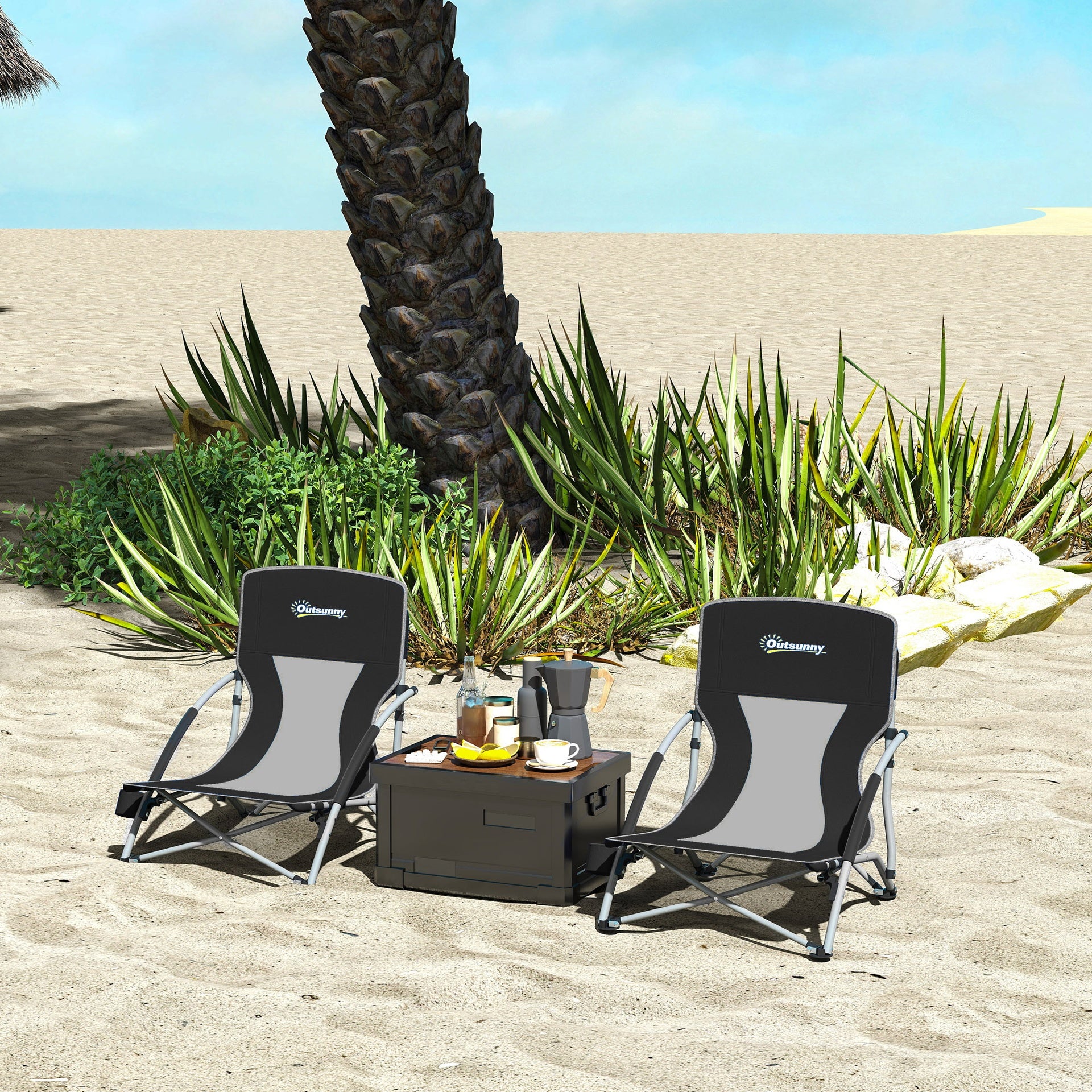 Outsunny Set of 2 Folding Beach Chairs with Mesh Back, Carry Bag and Cup Holder for Outdoor Camping Lawn Sports Picnic, Black