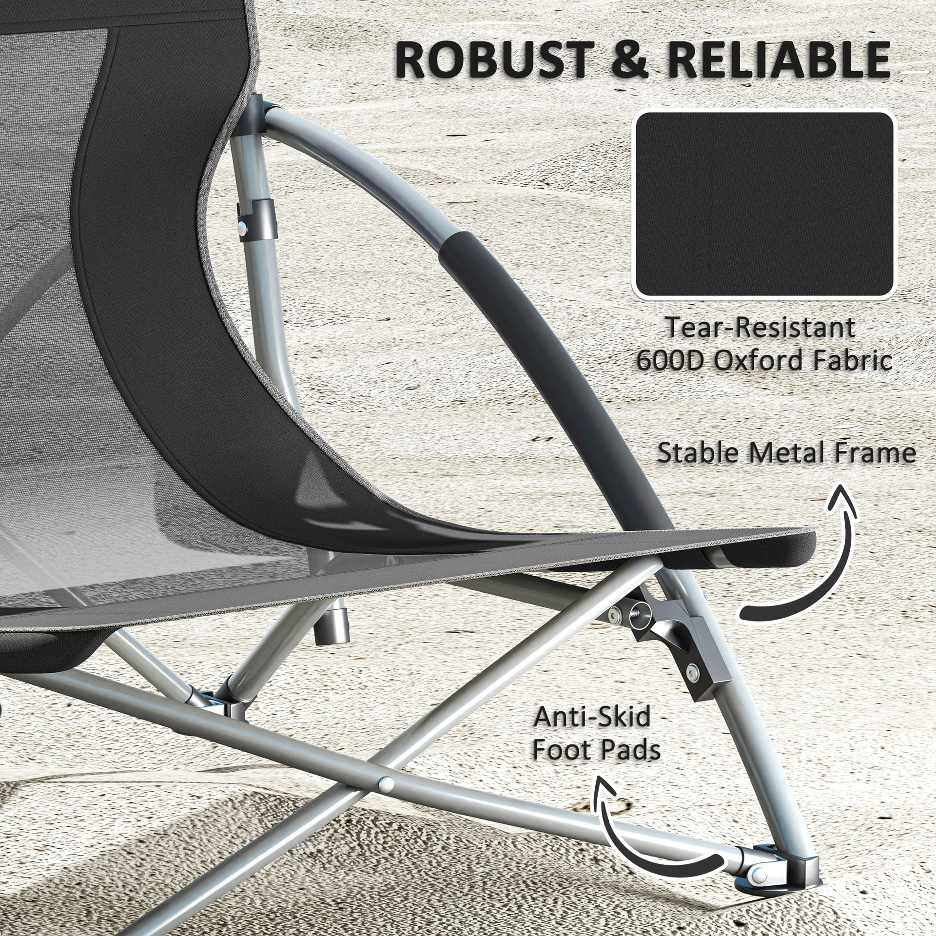 Outsunny Set of 2 Folding Beach Chairs with Mesh Back, Carry Bag and Cup Holder for Outdoor Camping Lawn Sports Picnic, Black