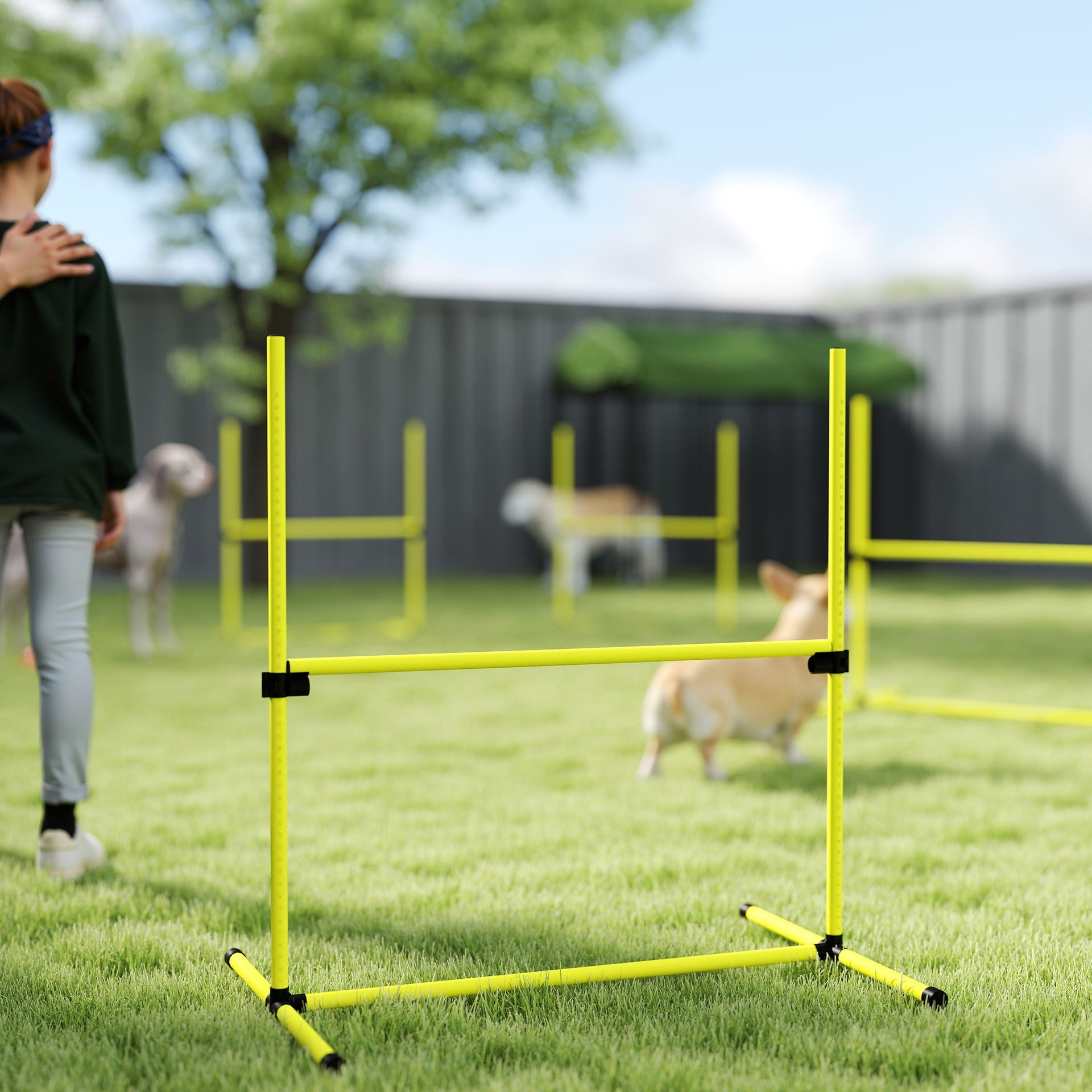 PawHut 4 Piece Dog Agility Set with Adjustable Height Jump Bars, Carry Bag, Displacing Top Bar, Yellow Yellow