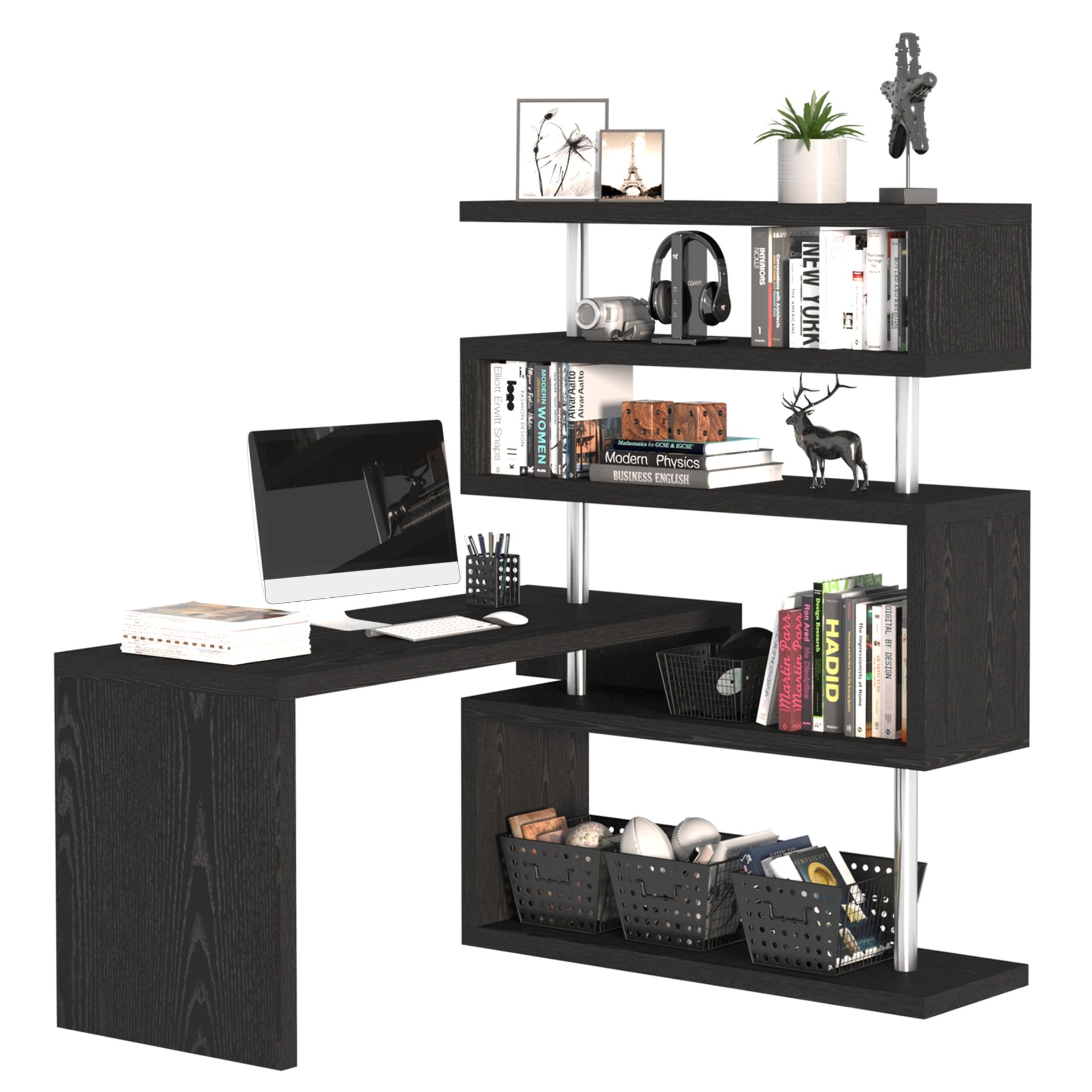 HOMCOM 94" 5 Tier L-Shaped Computer Desk Rotating Writing Table Corner Desk with Display Shelves and Stainless Steel Frame, Black
