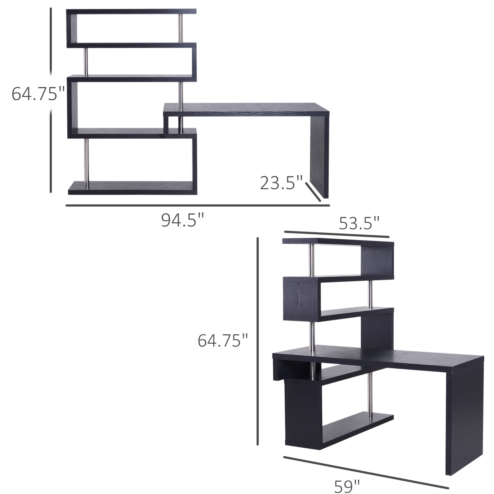 HOMCOM 94" 5 Tier L-Shaped Computer Desk Rotating Writing Table Corner Desk with Display Shelves and Stainless Steel Frame, Black