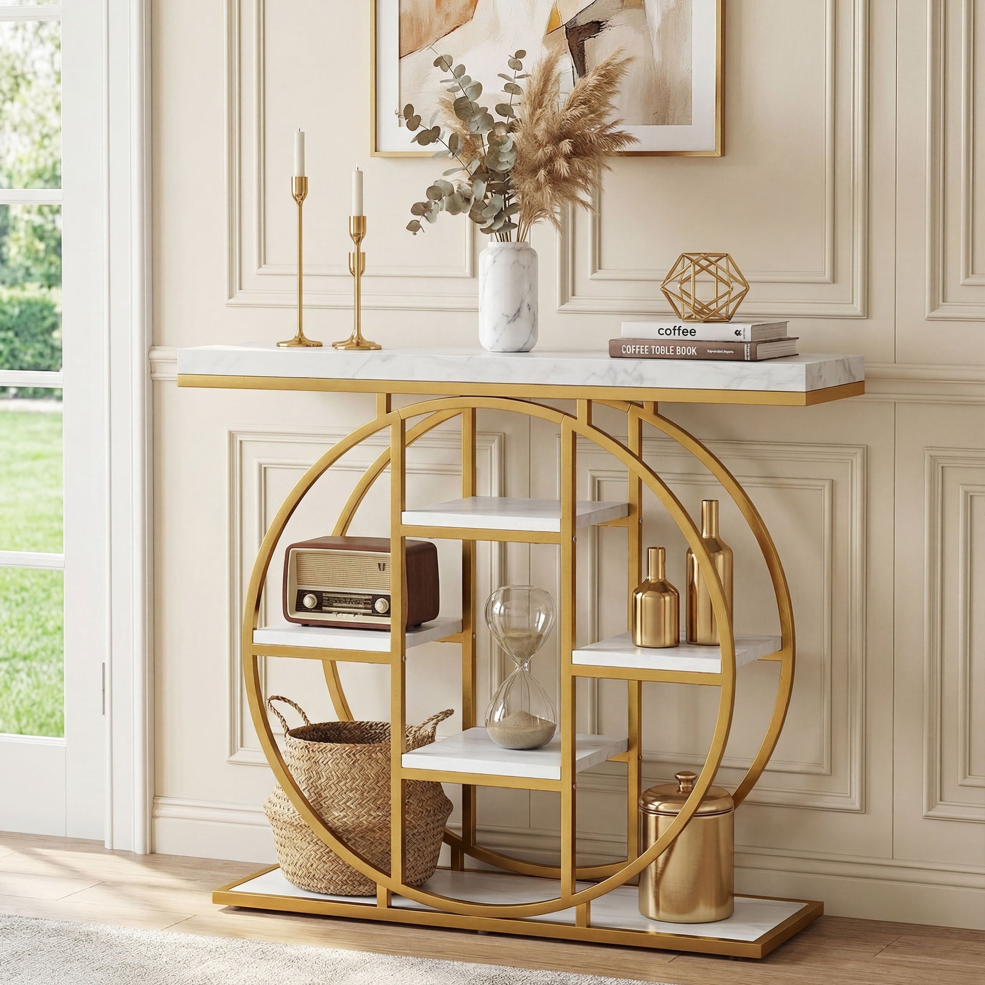 HOMCOM 39.4" Console Table with Storage Shelves, Industrial Sofa Table for Living Room, Hallway, White Marble Effect