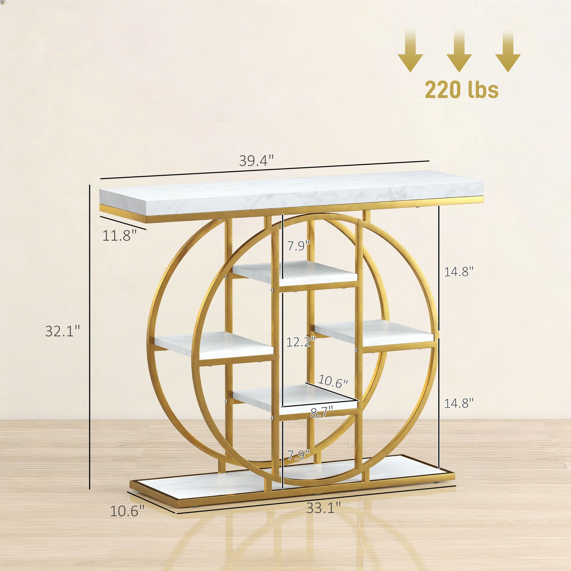 HOMCOM 39.4" Console Table with Storage Shelves, Industrial Sofa Table for Living Room, Hallway, White Marble Effect