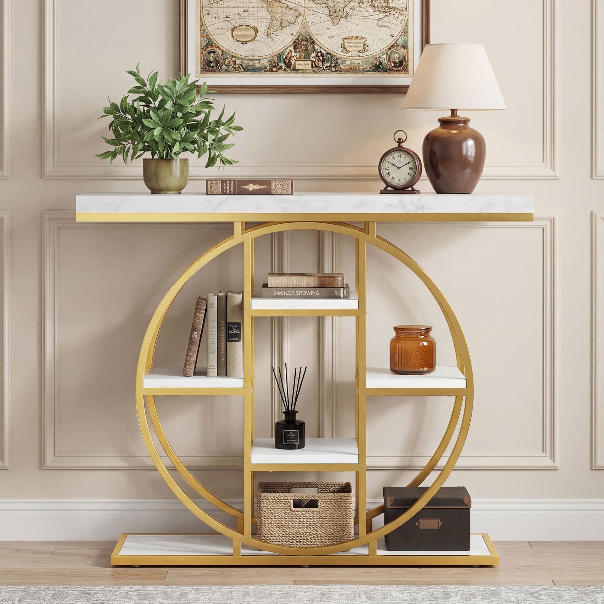 HOMCOM 39.4" Console Table with Storage Shelves, Industrial Sofa Table for Living Room, Hallway, White Marble Effect
