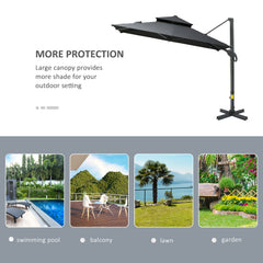 Outsunny 10ft Offset Patio Umbrella, Hanging Cantilever Umbrella, Square Shape, Aluminum Cross Base, Tilt, 360-Degree Rotation, Gray