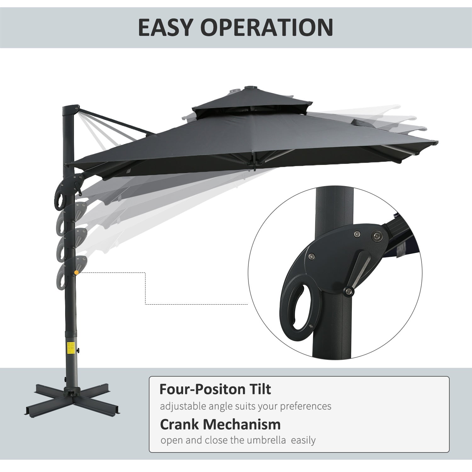 Outsunny 10ft Offset Patio Umbrella, Hanging Cantilever Umbrella, Square Shape, Aluminum Cross Base, Tilt, 360-Degree Rotation, Gray