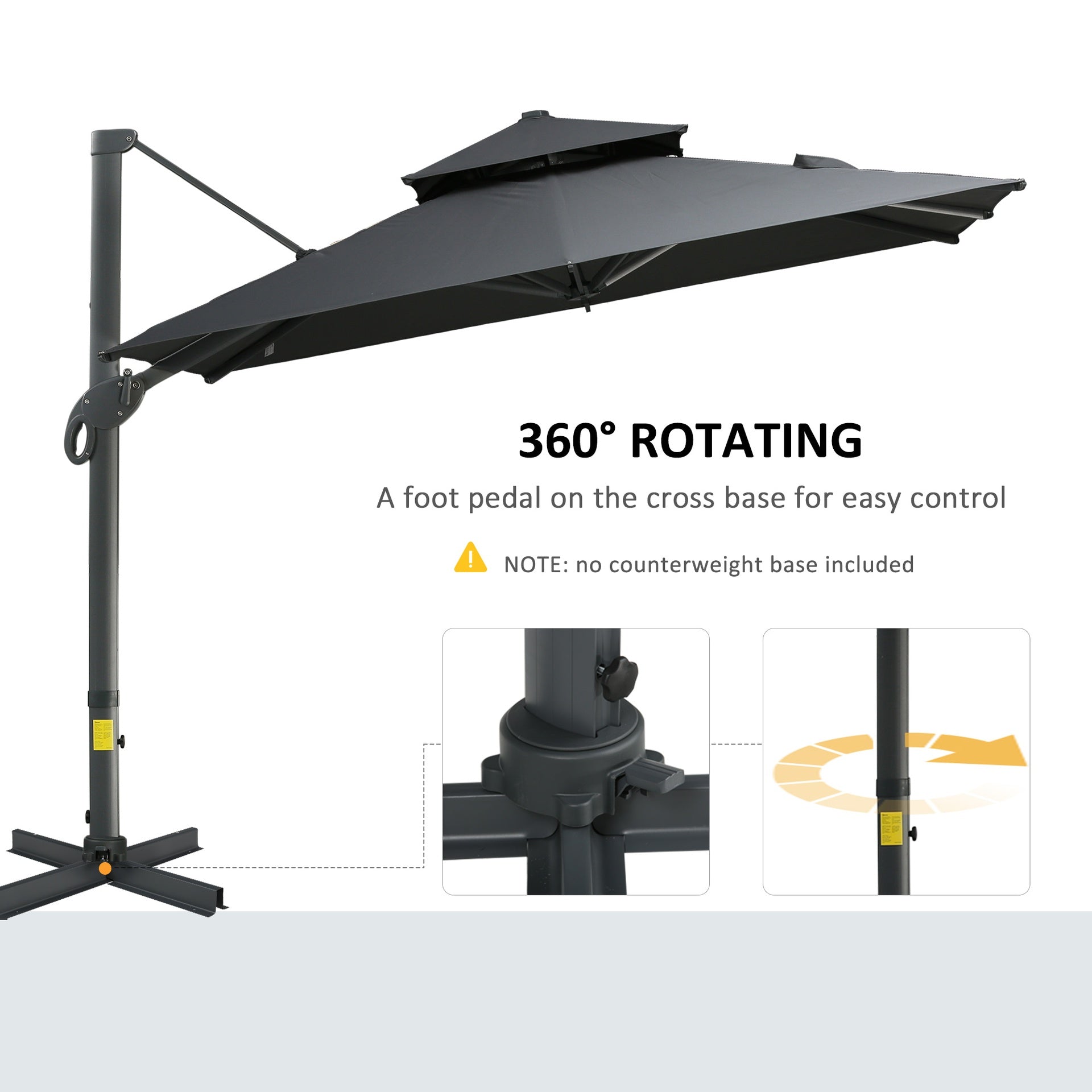 Outsunny 10ft Offset Patio Umbrella, Hanging Cantilever Umbrella, Square Shape, Aluminum Cross Base, Tilt, 360-Degree Rotation, Gray